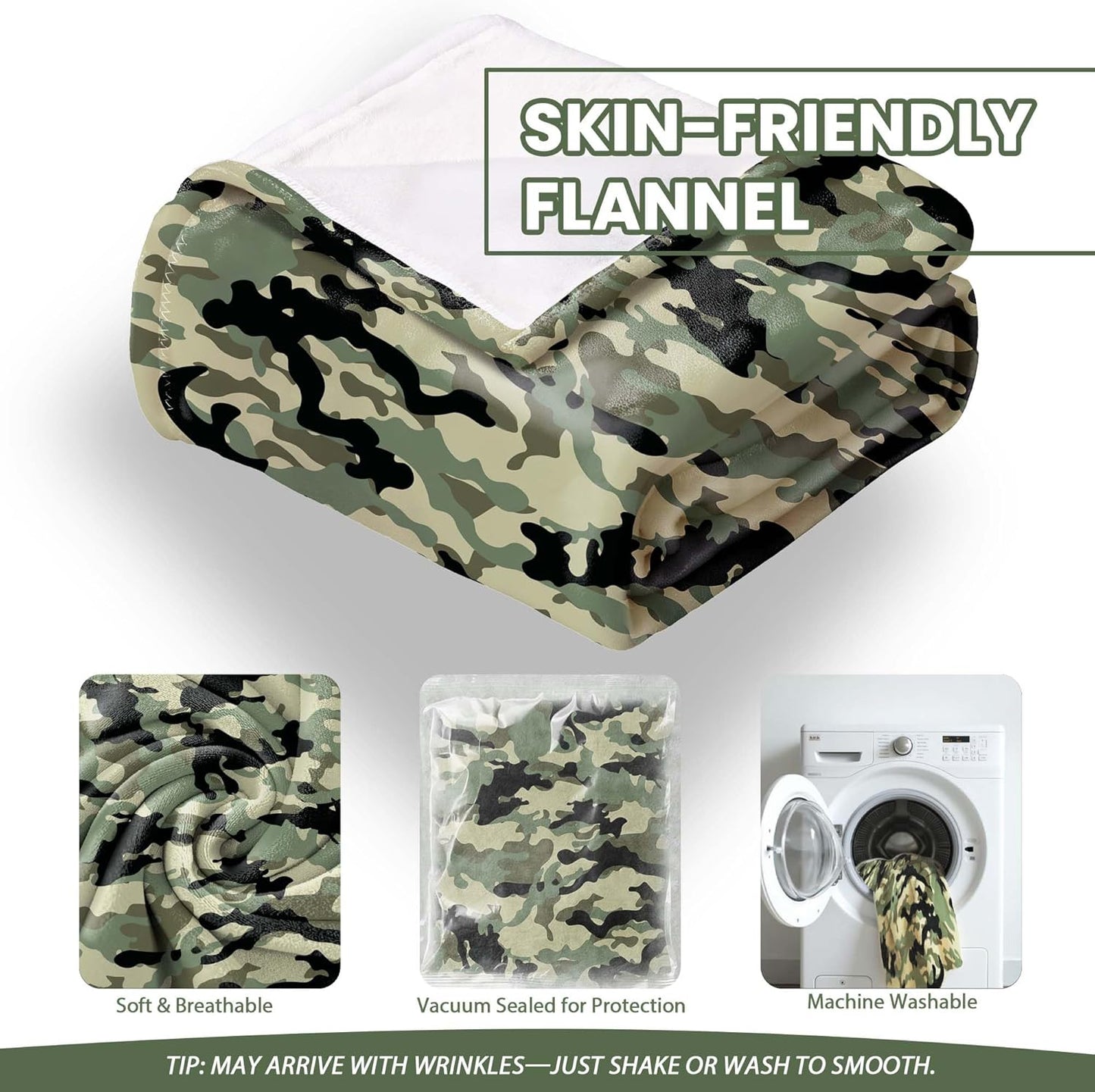 Green Camo Throw Blanket Military Style Flannel Blankets for Couch Bed Living Room Sofa, Decorative Patterned Super Soft Cozy, 50x60 in