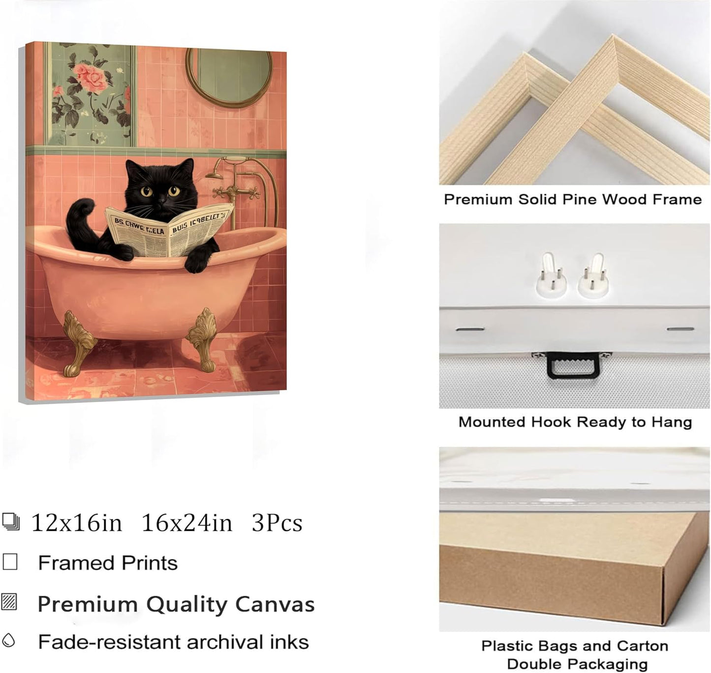 3Pcs Pink Bathroom Cat Canvas Wall Art Black Cat Sitting on Toilet Reading Posters Funny Cat Bathroom Prints Pink Animal Pictures Green Botanical Painting Wall Decor for Bathroom Toilet Framed