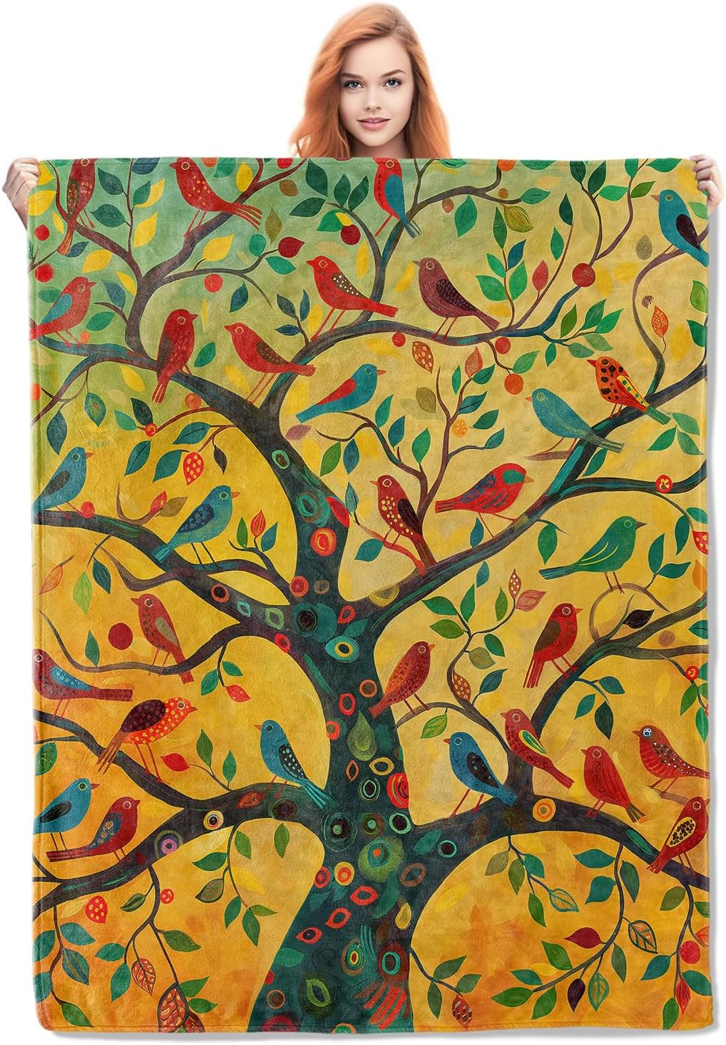 Bird Tree Blanket Gifts for Women Girls Soft Warm Lightweight Cozy Colorful Artistic Throw Blankets for Bed Living Room Sofa Travel Home Decor 50"x60"