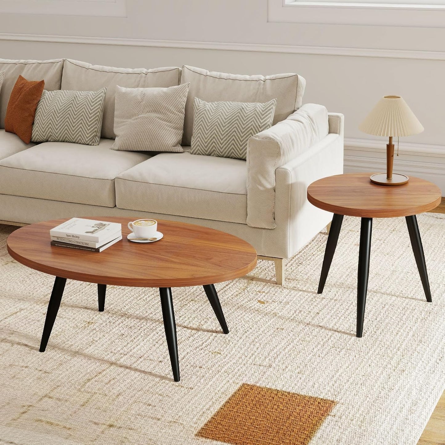 2-Piece Nesting Coffee Table Set, Oval & Round Mid-Century Modern Side Tables with MDF Tabletop & Metal Tapered Legs, Accent Table Set for Living Room, Small Spaces (Walnut)