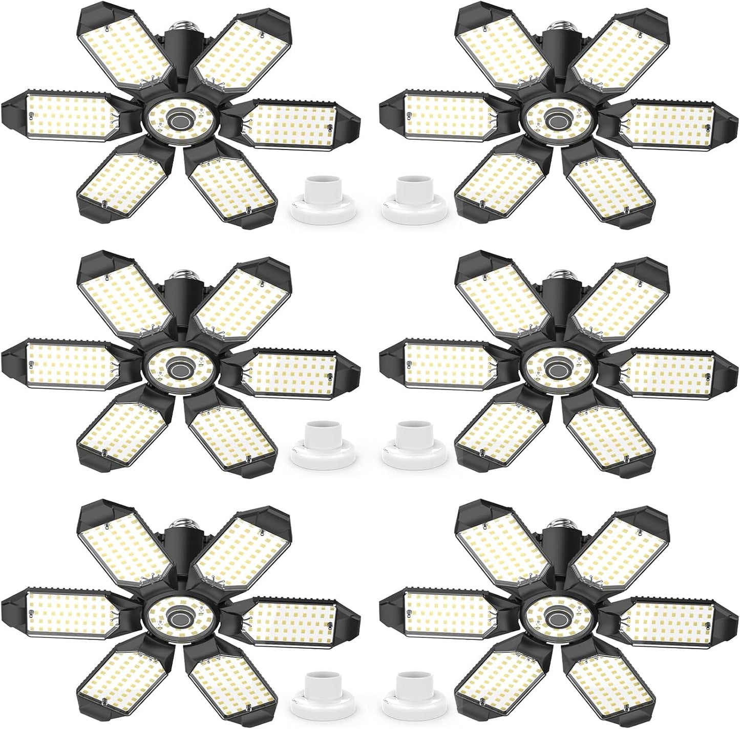 Led Garage Lights 6-Pack 200W Super Bright Ceiling Led Shop Lights, E26/E27 Base, 6500K, 22000LM Deformable Garage Light Ideal for Basement, Attic and Workshop