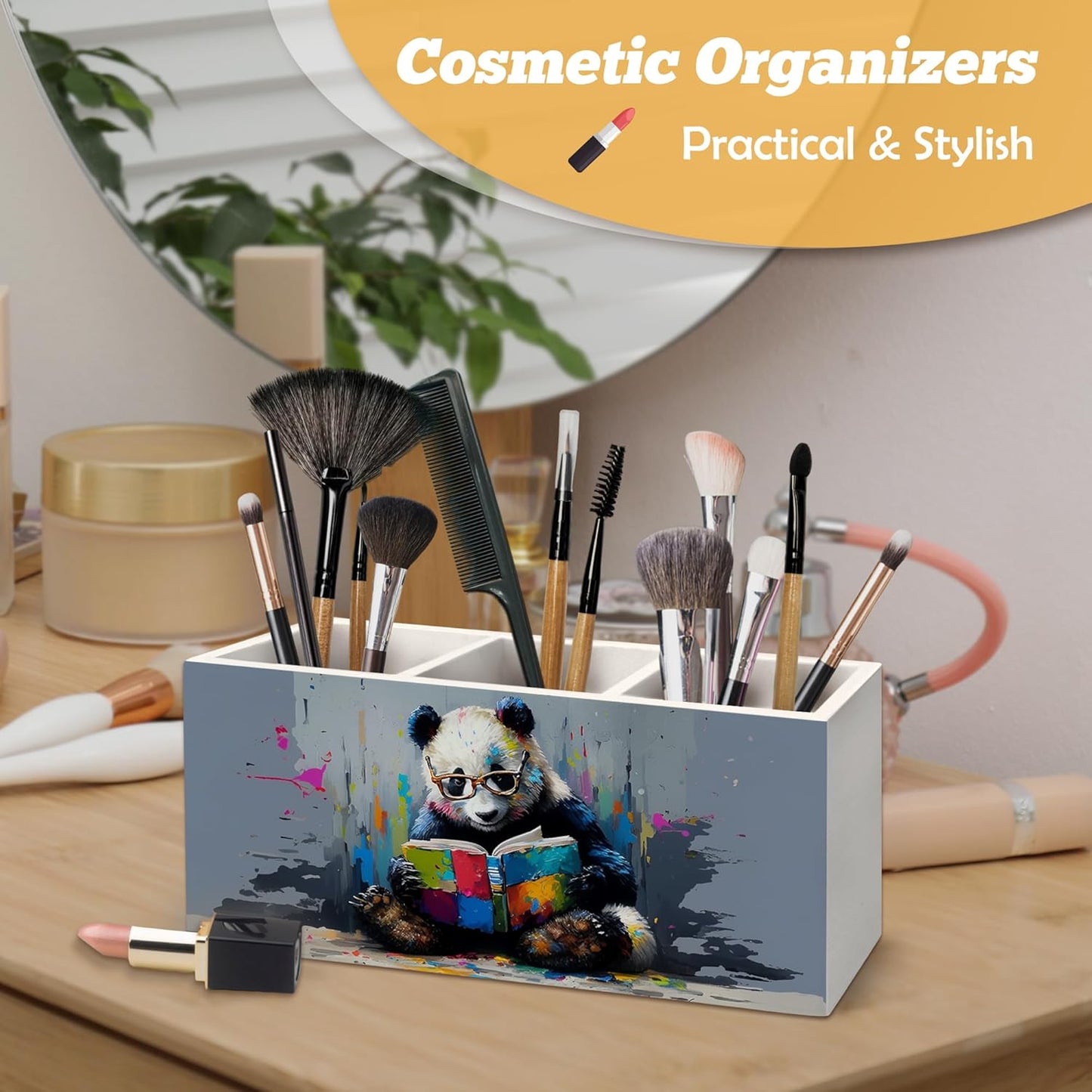 Book Lovers Gifts Pen Holder Organizer for Desk Accessories, Watercolor Reading Panda Bookish Wooden Box Desk Decorations for Kids Reading Corner Nook Room Classroom Decor