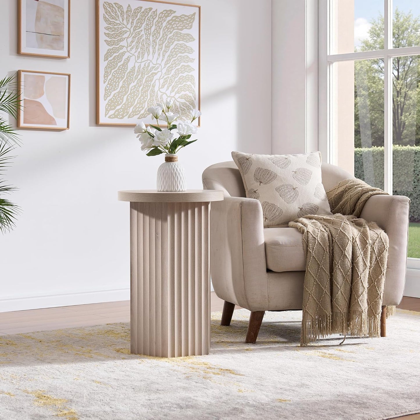 VividVibe End Tables for Living Room, Fluted Couch Side Table with Hexagonal Base, Wooden Bedside Table Bedroom Nightstands 2 Set Home Office Modern Accent Grey Alder