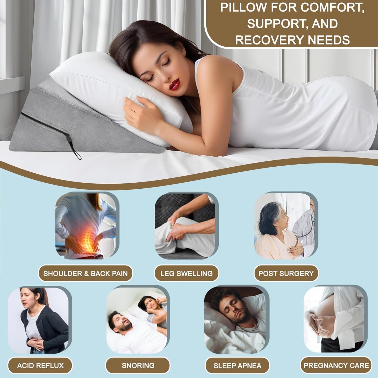sokoro Bed Wedge Pillow for Sleep Apnea, GERD Acid Reflux Snoring Relief, Pregnancy Side Sleeper Pillow for Adults Seniors Neck Pain Back Sleeping, Leg Elevation Pillows for After Surgery Gifts, Grey