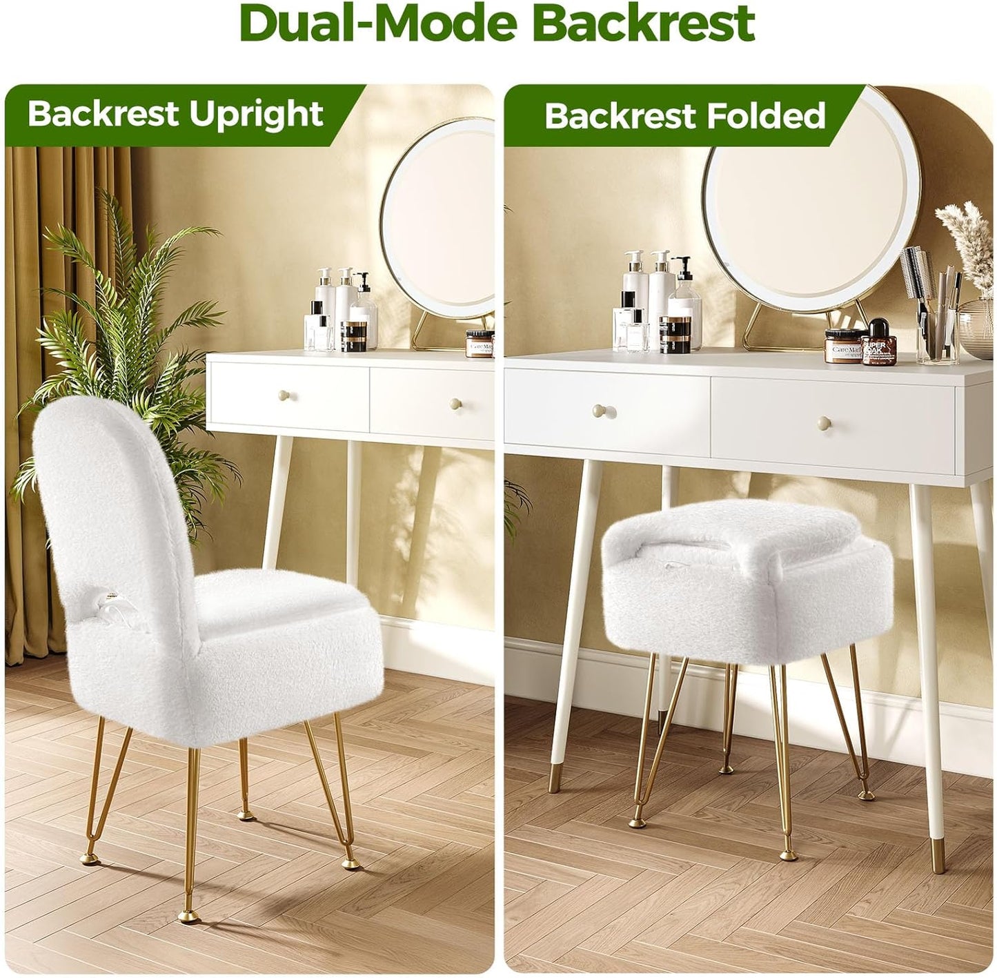 GREENSTELL Vanity Stool Chair with Storage and Folding Back, 15.8" x 16.5" x 33" Square Faux Fur Soft Ottoman, 4 Metal Legs with Anti-Slip Feet, Furry Padded Seat for Makeup, Bedroom, White