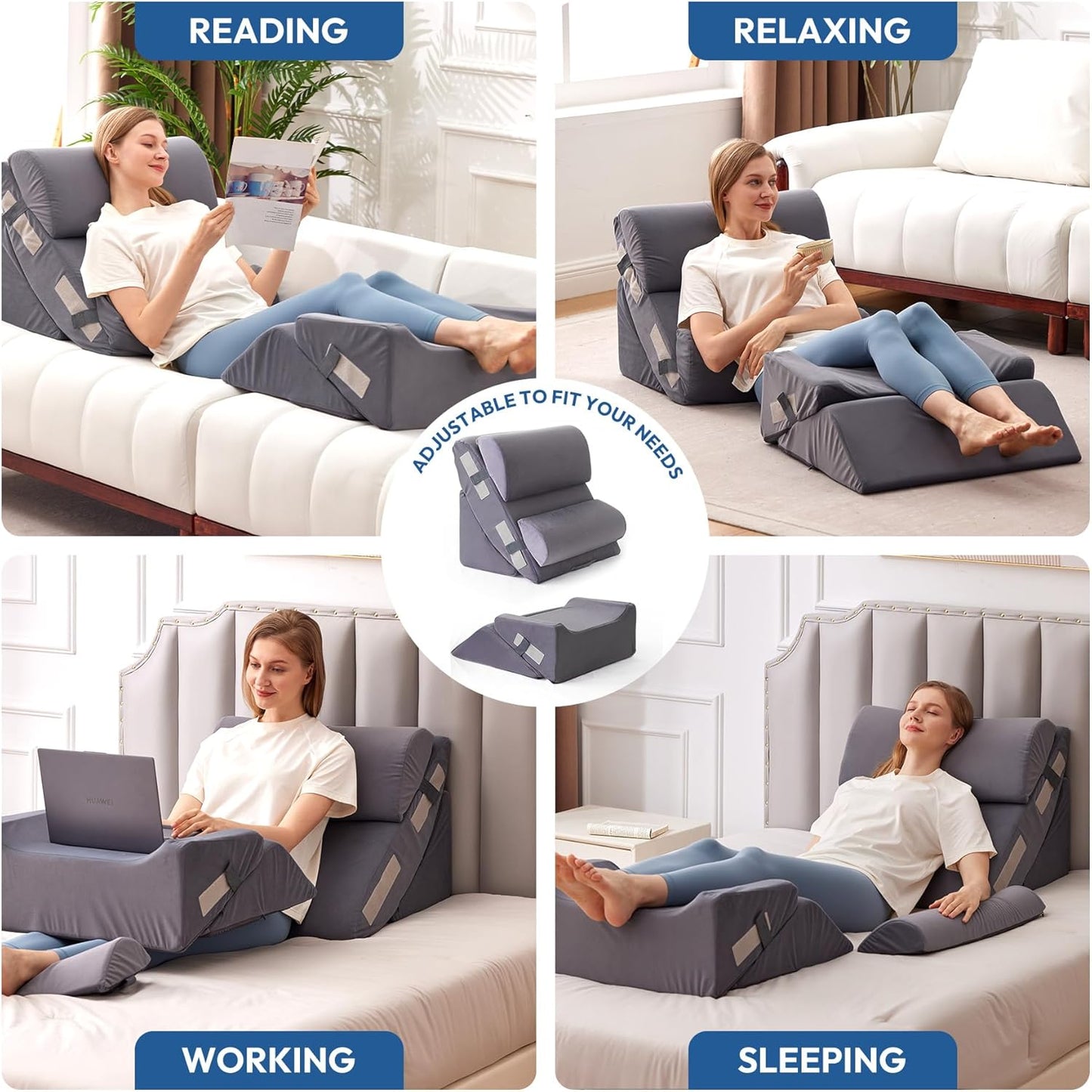 6PCS Wedge Pillow Set for After Surgery, Back Pillow for Bed Sitting Up, Orthopedic Bed Wedge for Body, Leg Pain Relief, Memory Foam Pillow for Post Surgery, Sleeping, Acid Reflux, Plush Grey