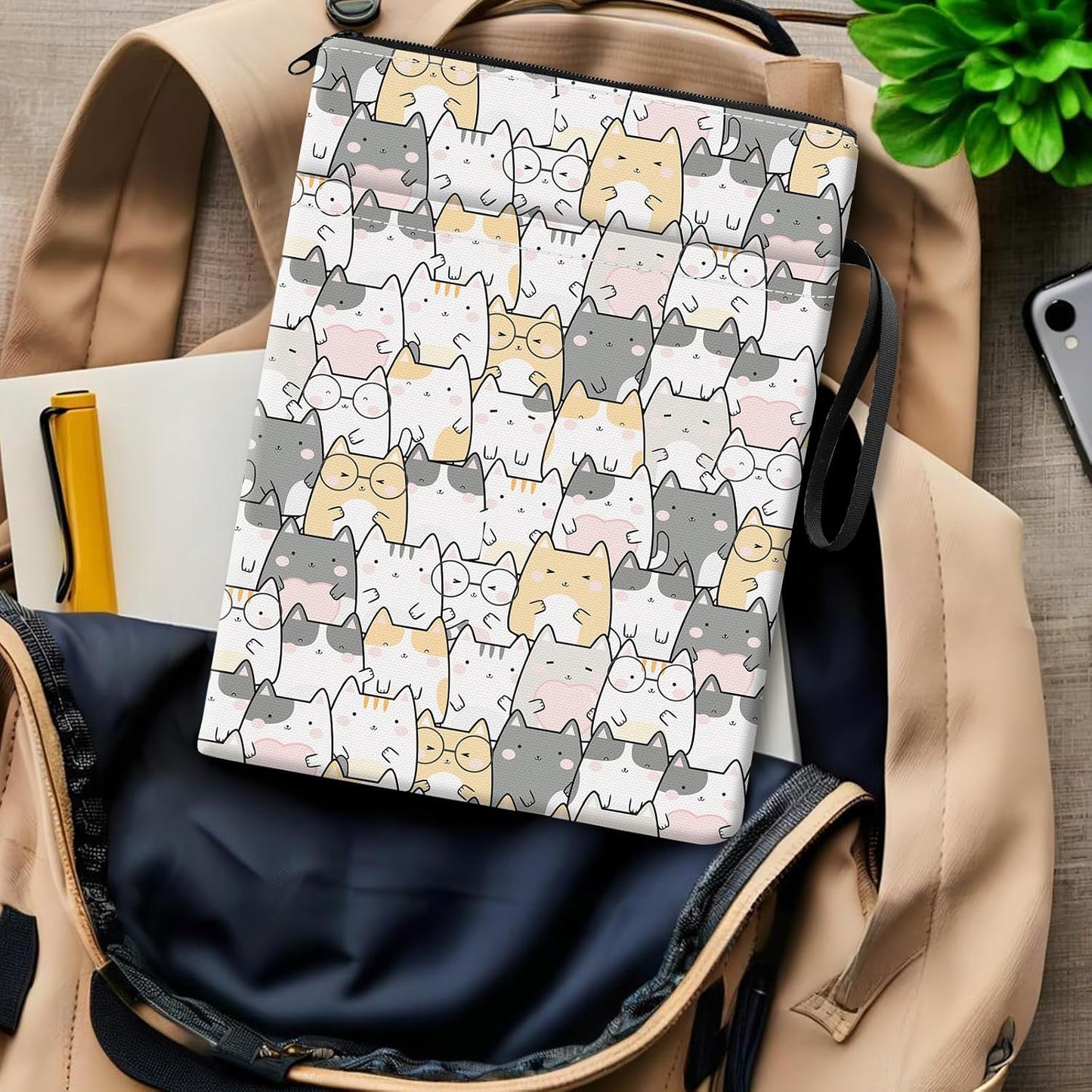 Book Sleeve, Funny Book Pouch, Cute Book Protector with Zipper and Front Pocket Handle Strap BookCover Case for Women Cute Colorful Cats