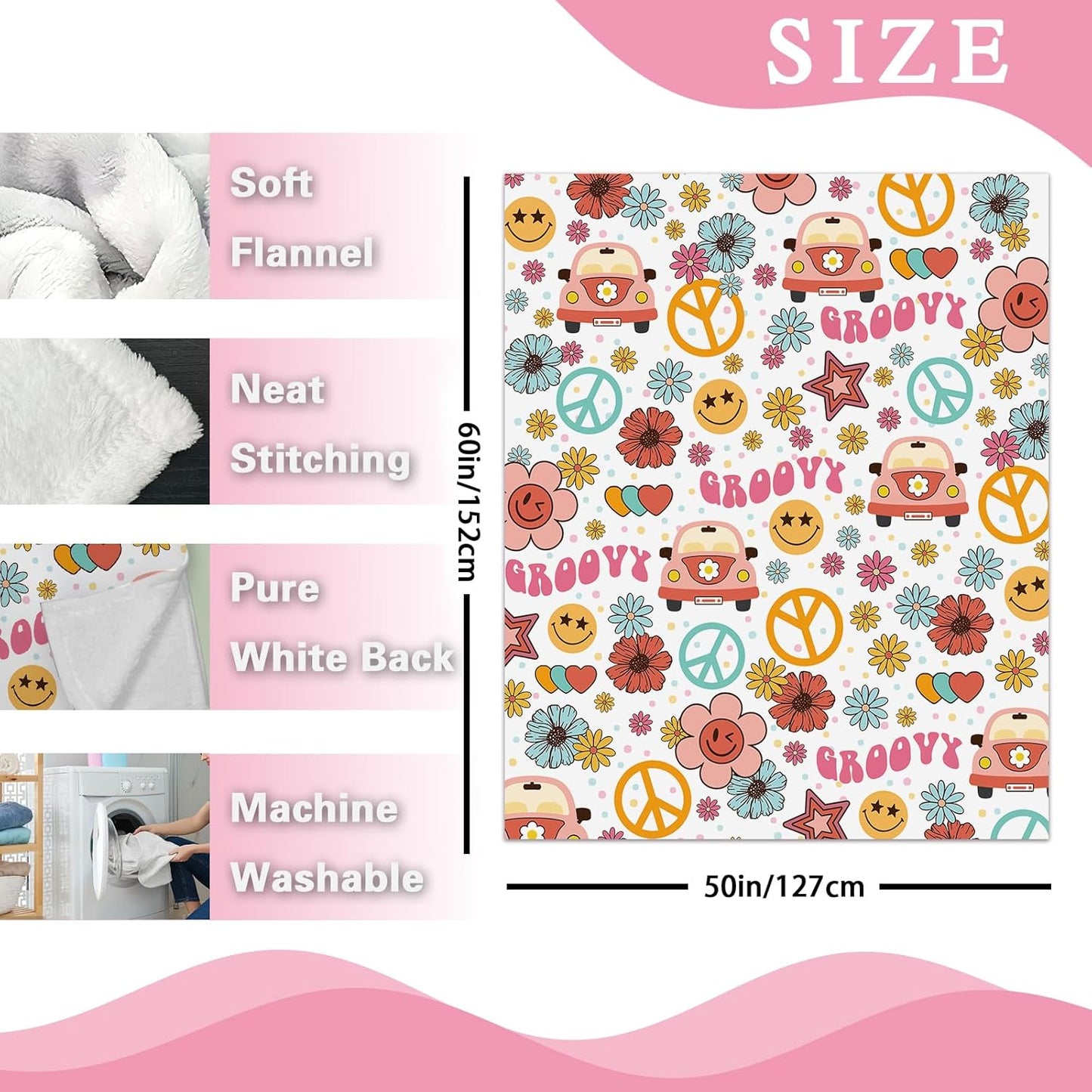 Retro Groovy Hippie Flannel Throw Blanket, Vintage Hippy Bus Daisy Flower Smiley Face Peace Love Gifts for Kids Men Women, Colorful Stars Polka Dots Soft Blankets for Bedding Sofa 50" x 60"
