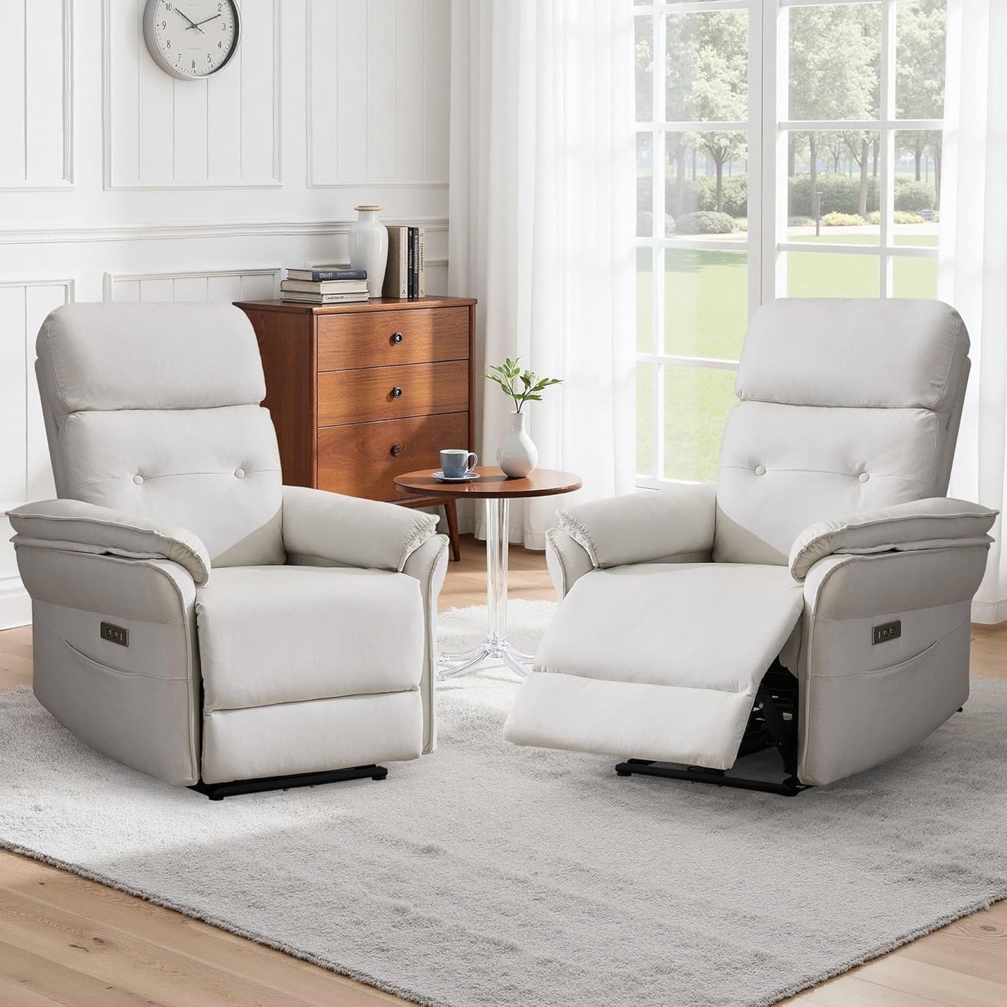 Power Recliner Chair with Wall-Hugging Design Fabric Motion Recliner Sofa with USB & Type-C Ports Side Pocket and Overstuffed Armrests Ergonomic Lounge Chair for Living Room Beige