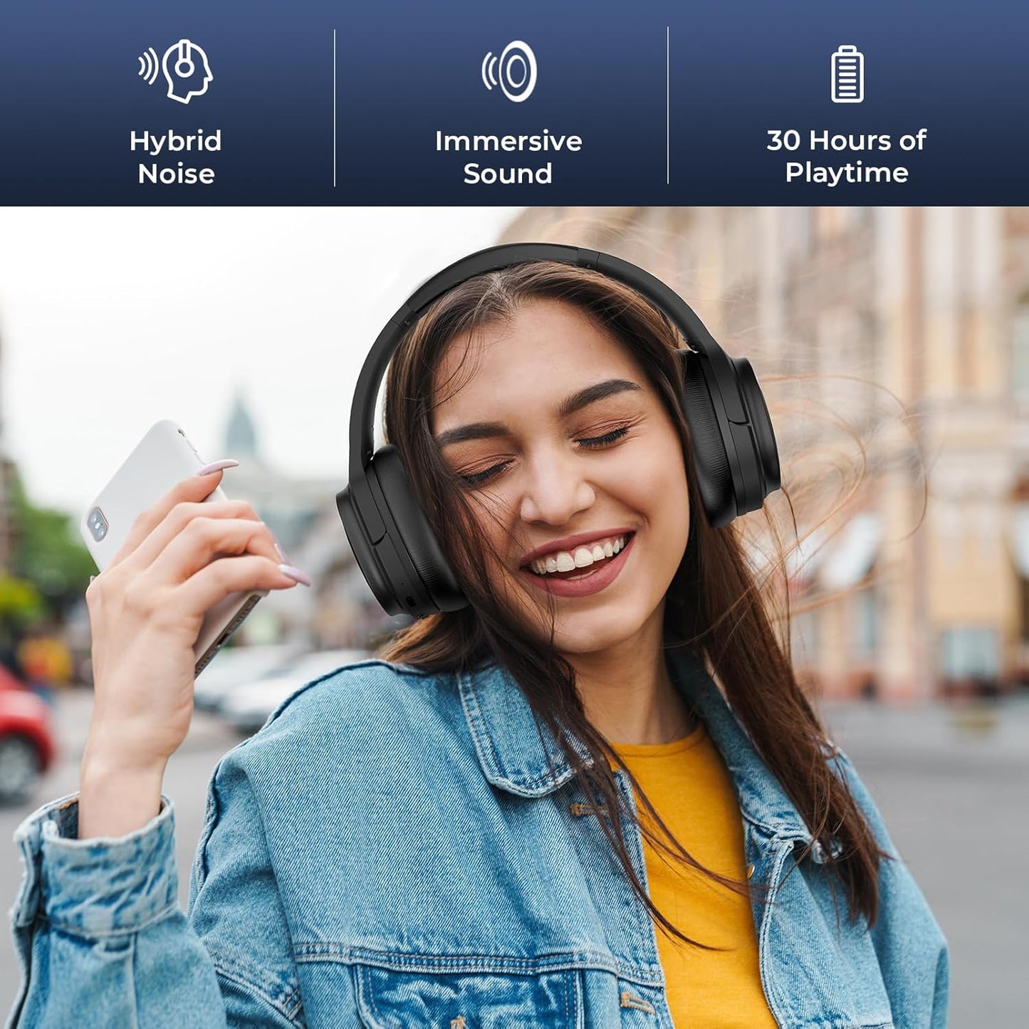 MOVSSOU Hybrid Active Noise Cancelling Headphones, Bluetooth Headphones Wireless Over Ear Headphones with Microphone, Deep Bass, Memory Foam Ear Cushions, 30 Hrs for Travel/Office/Home Black