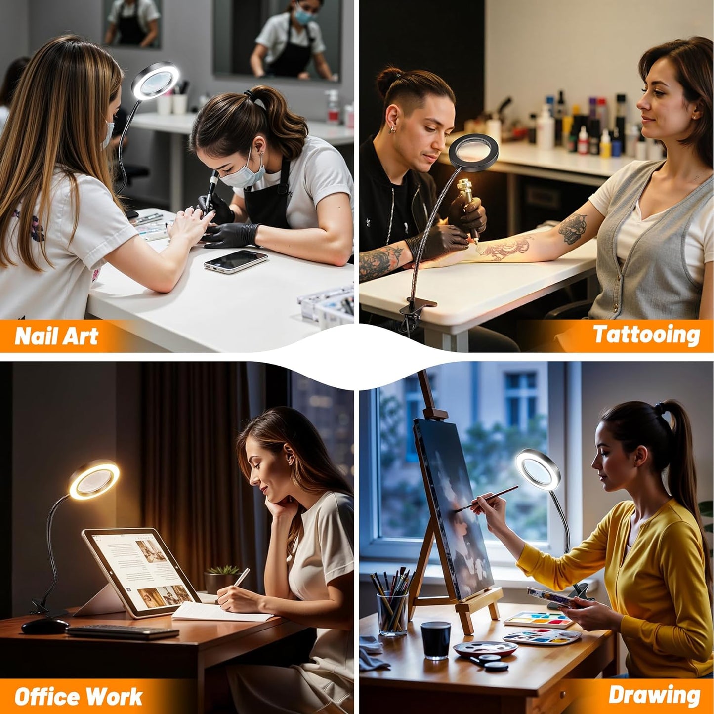 10X Magnifying Glass with Light, 2 in 1 Magnifying Desk Lamp Clip on Mganifier with Light, 3 Color Modes 10 Brightness Levels, 58 LED Clip on Reading Lamp for Bed Crafts DIY Repair,No Adapter