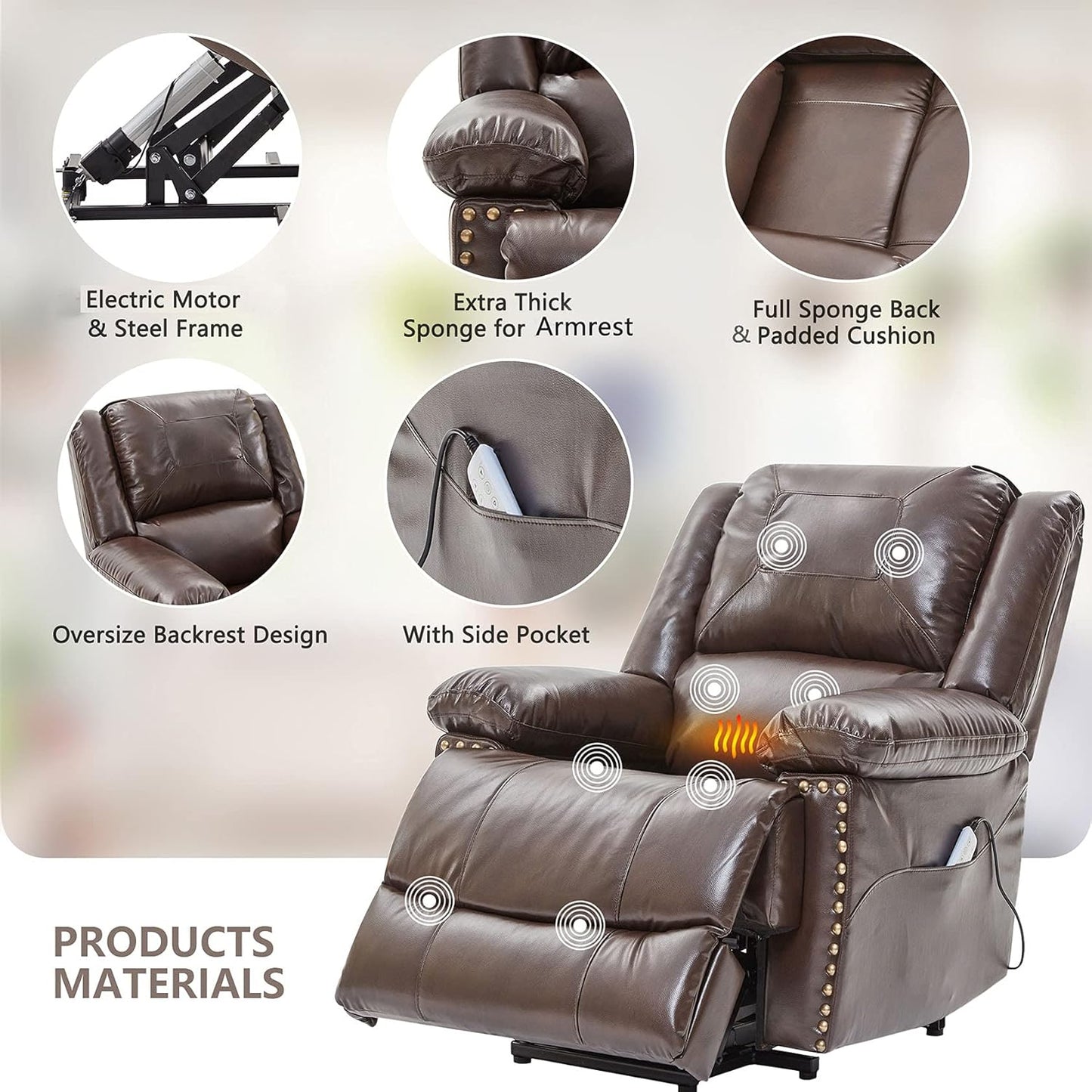 Massage Electric Recliners Power Lift Recliner Chair for Elderly with Heating Single Sofa Reading Chair with Side Pockets Ergonomic Lounge Chair for Living Room