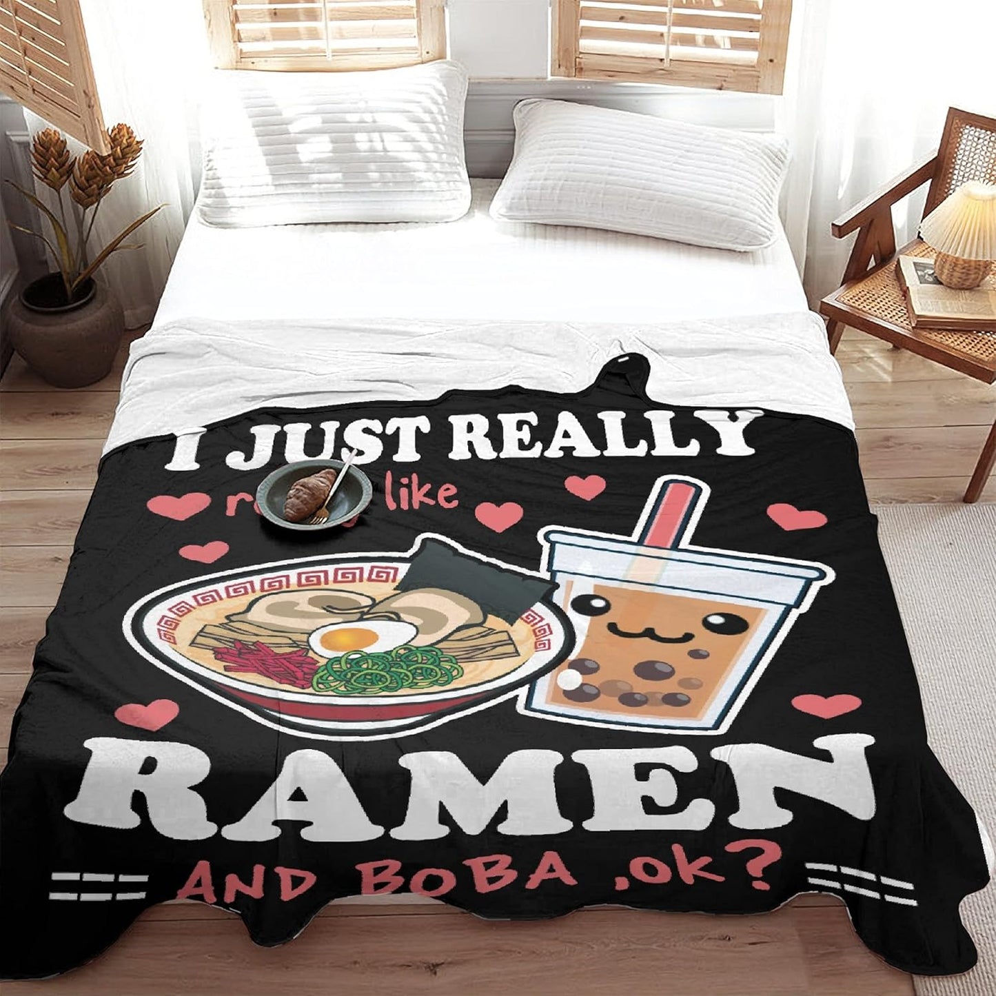 Ramen Blanket Anime Fleece Throws, Kawaii Gift for Girls Teen Loves Noodles Bubble Tea 60x80 Inches Super Soft Lightweight Flannel Blankets, Suitable for All-Season and Bed Sofa