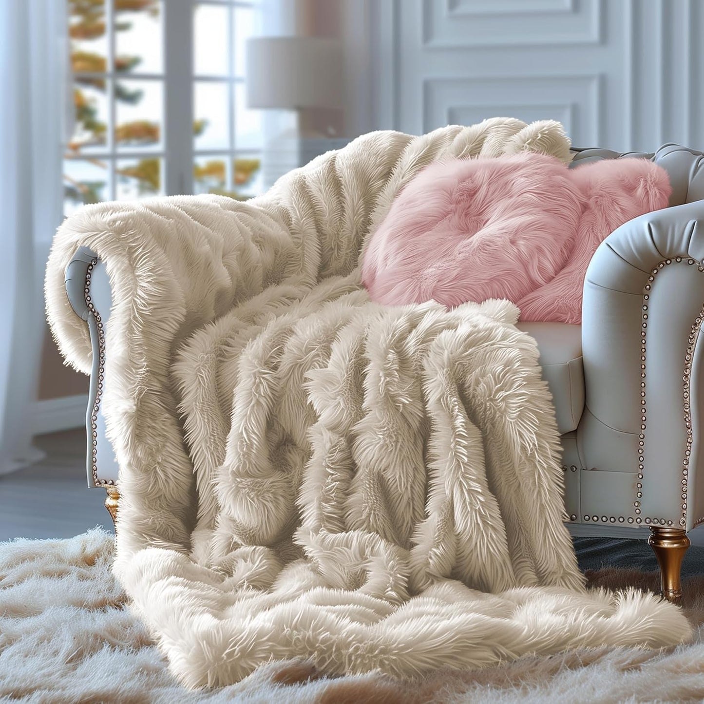 Hyde Lane Fluffy Cute Throw Blankets for Couch Sofa, 2 Way Reversible Ultra Soft Long Faux Fur, Shaggy Cozy Fuzzy Blanket Beige/Khaki, 60x80