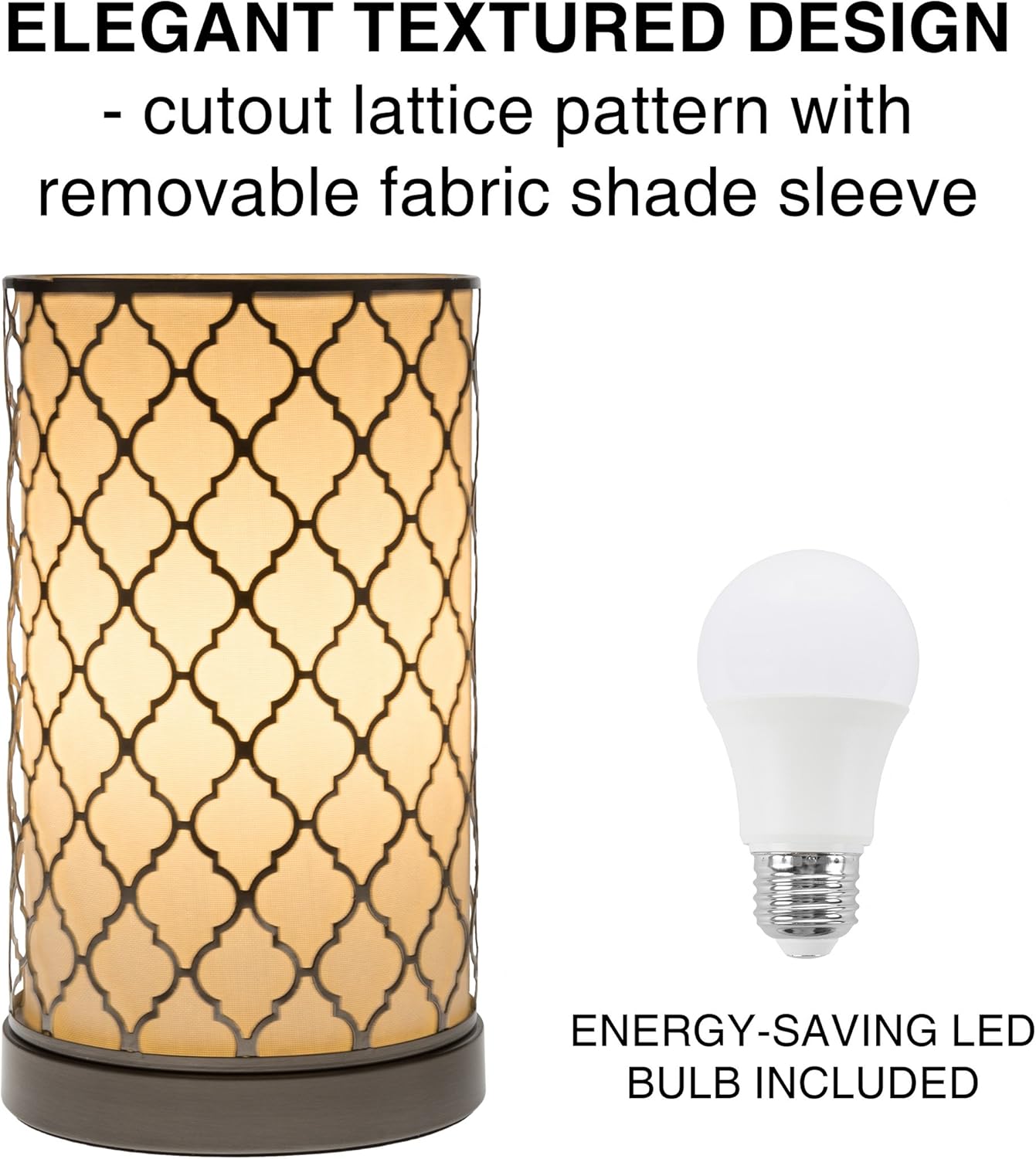 LED Uplight Table Lamp with Steel Finish, Fabric Overwrap, Laser Cut Quatrefoil Pattern and Included LED Light Bulb for Home Uplighting by Lavish Home