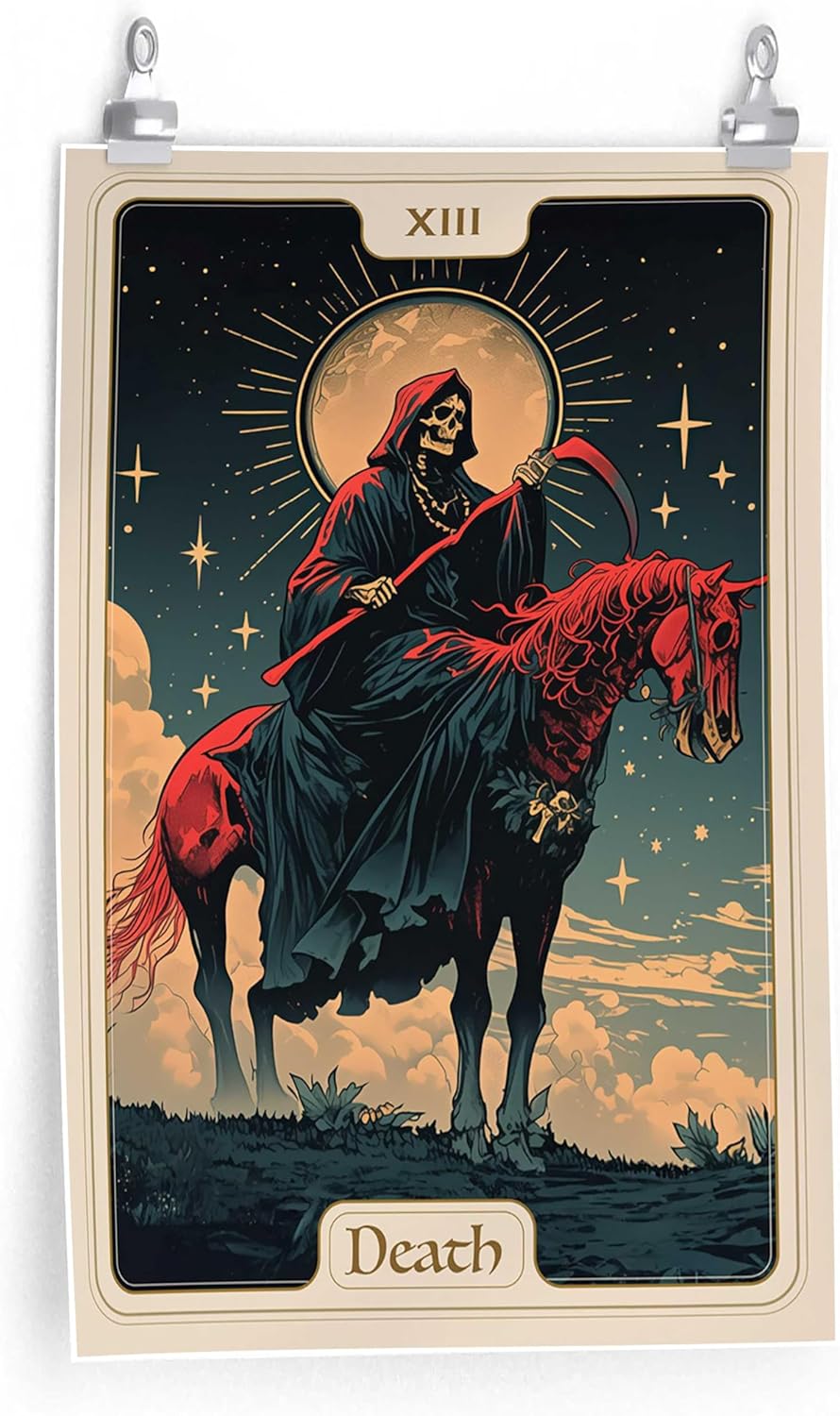 Death Tarot Card Art Print, Gothic Home Decor, Thirteen Arcana Wall Decor, Mystical Night Scene Divination Art Nouveau Dark Academy Design Decor Gift(L18 xW12-CANVAS)