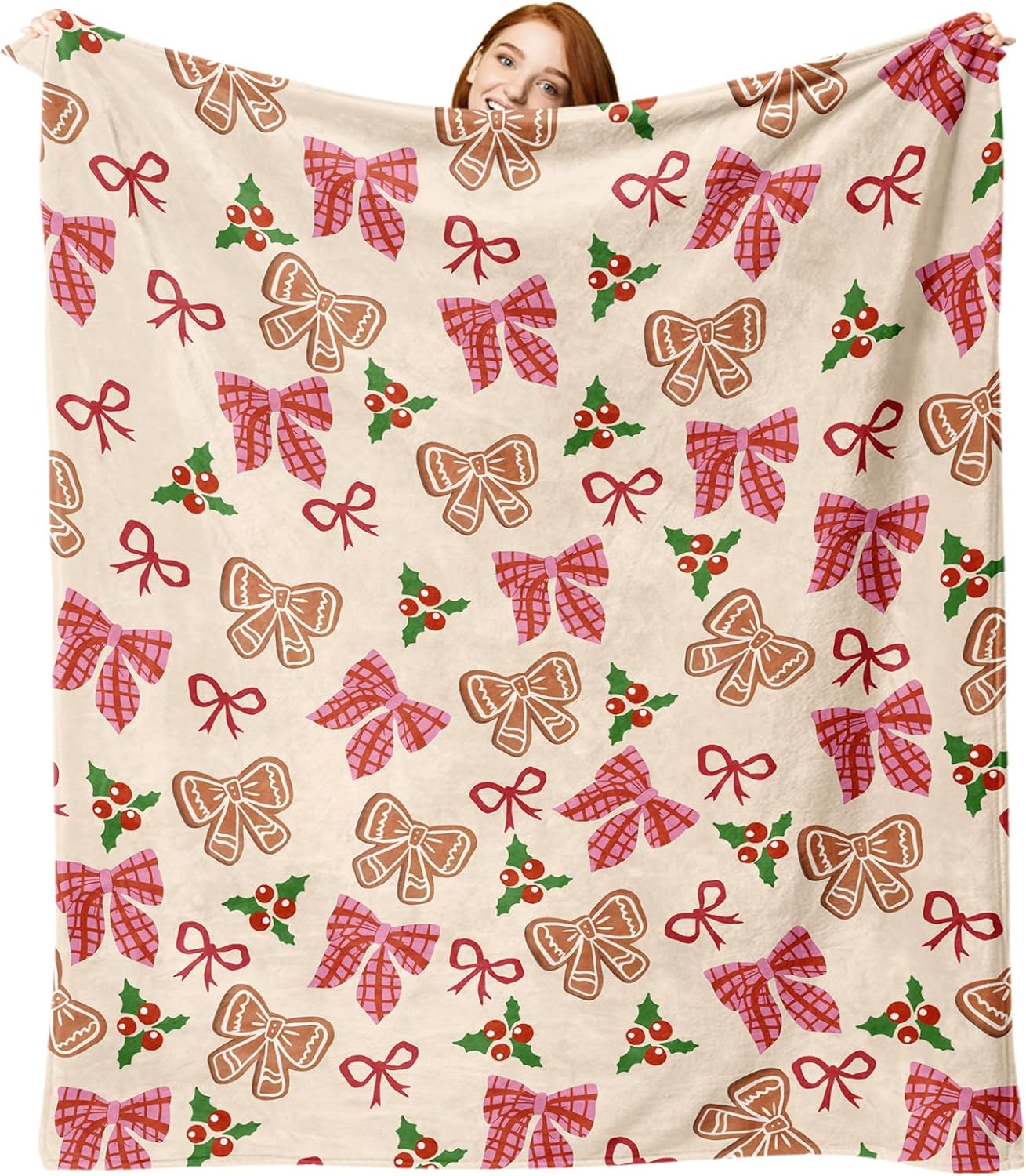 Pink Christmas Bow Flannel Throw Blanket, Xmas Coquette Ribbon Holly Berries Preppy Birthday Gifts for Kids Men Women, Winter Holiday Soft Blankets for Bedding Sofa 50 x 60 Inches