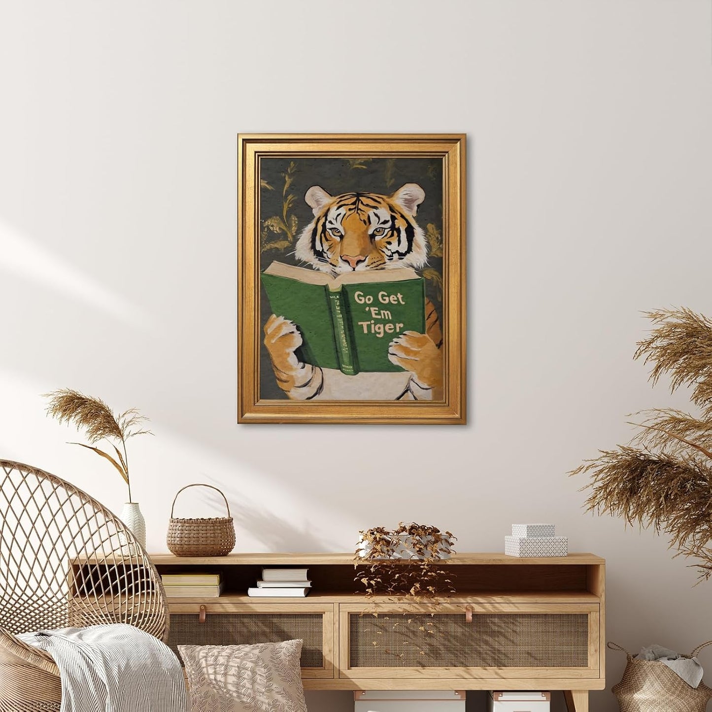Large Gold Framed Reading Tiger Canvas Wall Art Go Get Em Wild Animal Painting Poser Prints Funny Booklish Jungle Inspired Surreal Picture Humor Big Cat Artwork for Rustic Room Decor 24x36inch