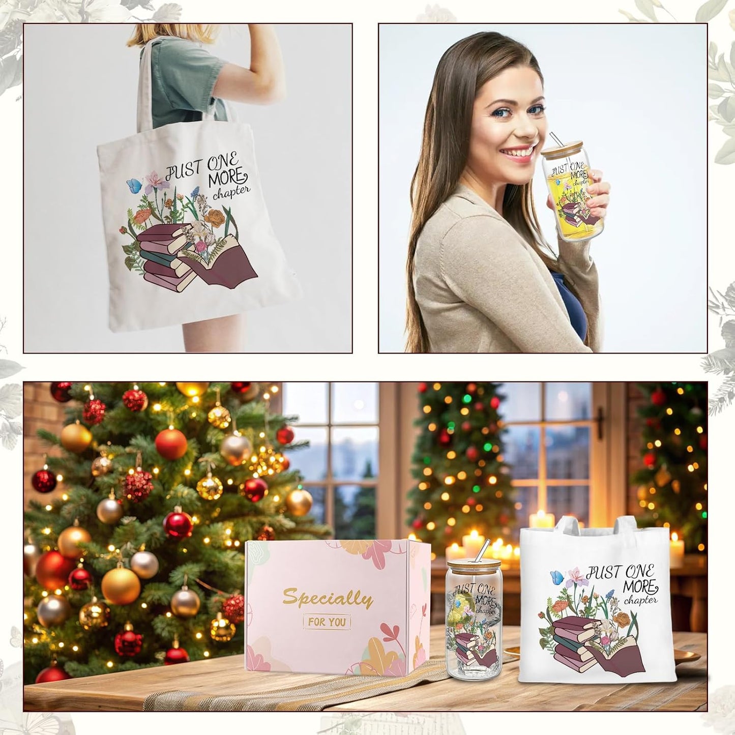 Book Lovers Gifts, Canvas Tote Bag & Glass Cup Set Christmas Birthday Gifts for Book Lovers Women
