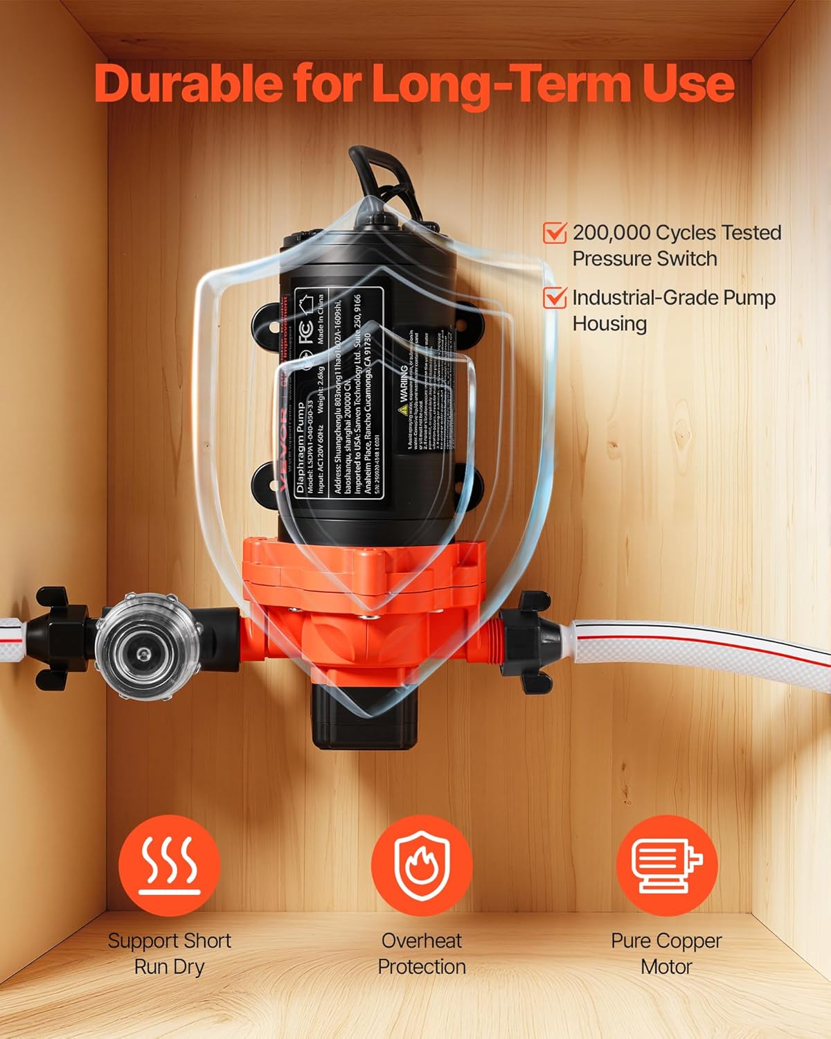 VEVOR Water Pressure Pump, 110V AC 4 GPM, 3-Chamber On Demand Electric Diaphragm Water Transfer Pump, 45 PSI Max Pressure, Automatic Pressure Switch, for Home Kitchen Garden Irrigation Car Washing