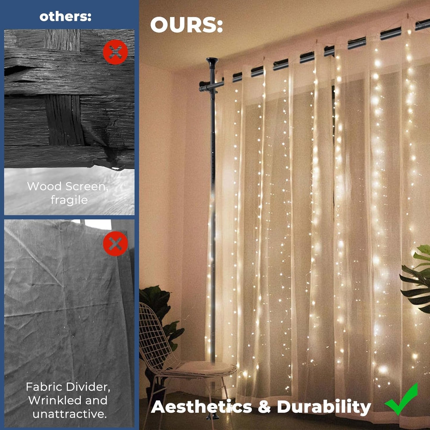 Drill-Free Room Divider Curtain Rod - Adjustable 4-10ft (H) 28-114inch(W) Inch No Damage Tension Pole, Heavy Duty 1" Rustproof Metal Curtain Rods for Privacy & Home Office, Black