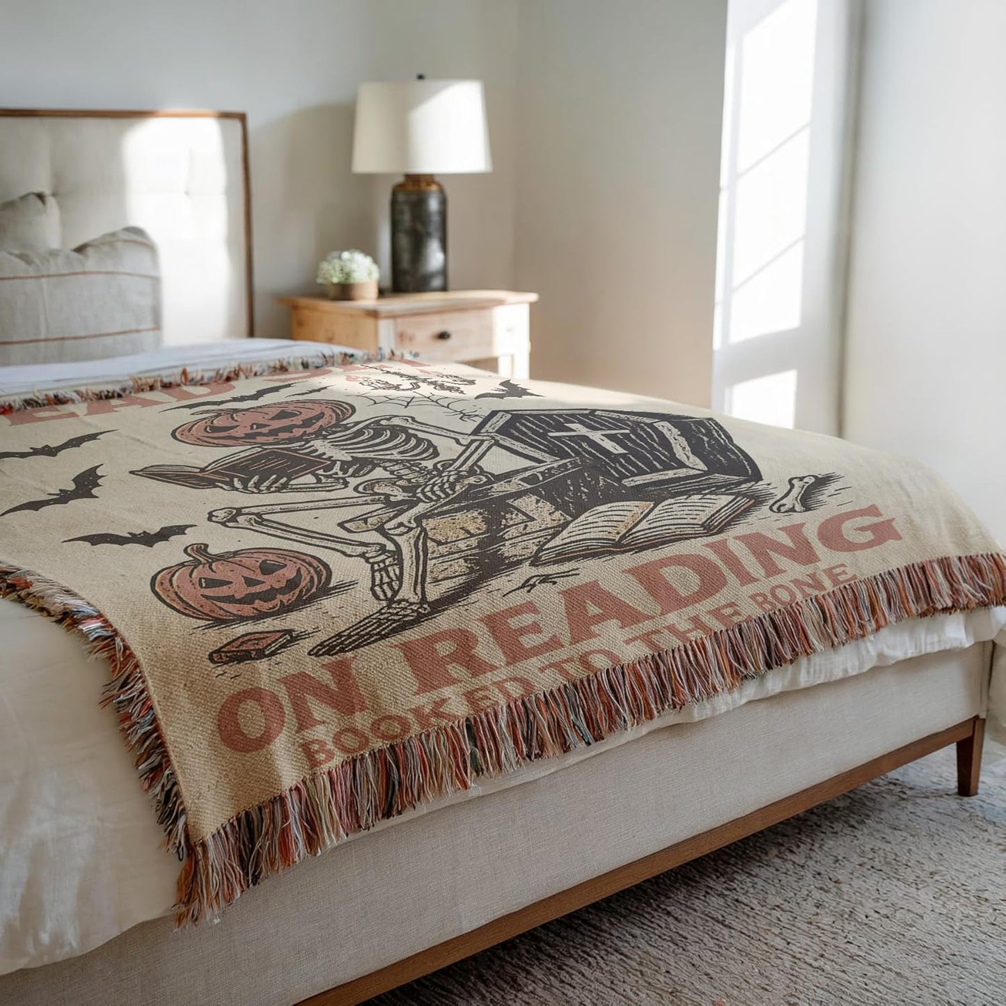 Dead Set on Reading Woven Blanket – Spooky Bookish Throw for Cozy Readers