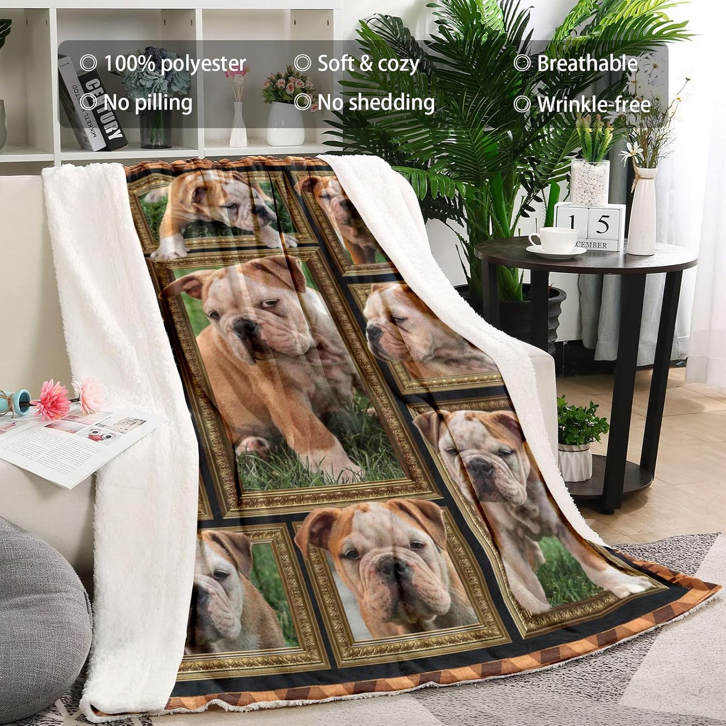 Throw Blanket English Bulldog Dog Blankets Fuzzy Fleece Soft Blanket Cozy Warm Travel Blanket for Couch Sofa or Bed, Dogs Lover Gift, 60 x 80 Inch