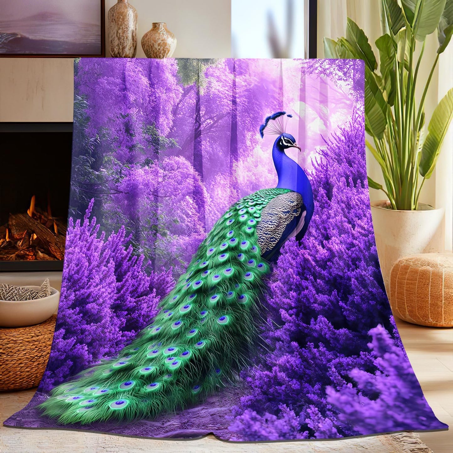 Peacock Gifts for Women, Super Soft Graceful Peacock Decor Purple Lavender Throw Blanket Gifts for Women Girls, Peacocks Stuffed Animal for Kids, Warm Cozy Fuzzy Plush Fleece Flannel Blankets 60"x50"
