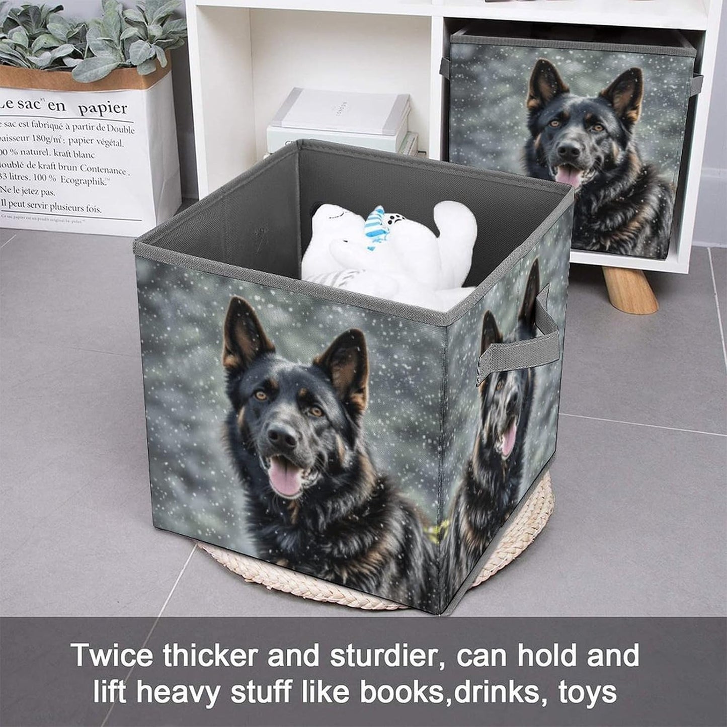 Black German Shepherd Dog Storage Bins with Handles Fashion Large Storage Cubes Sturdy Foldable Storage Boxes Space-Saving Storage Baskets for Home Office Clothes Closet Organizers