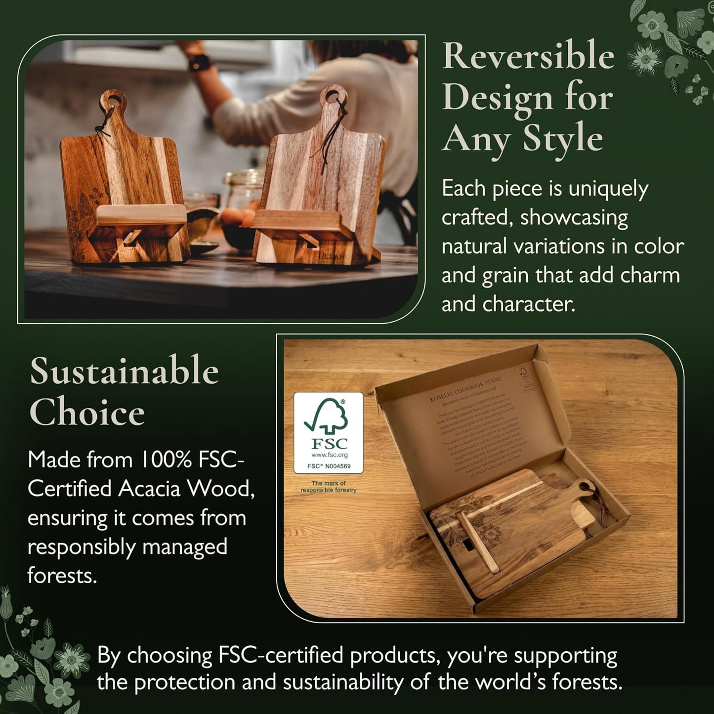 Wood Cookbook Stand for Kitchen Counter - Reversible Acacia Wooden Recipe Book Holder Stand - Cooking Measurement Conversion Card - Gift-Ready Adjustable Tablet Cook Book Holder - Charging Cable Slot
