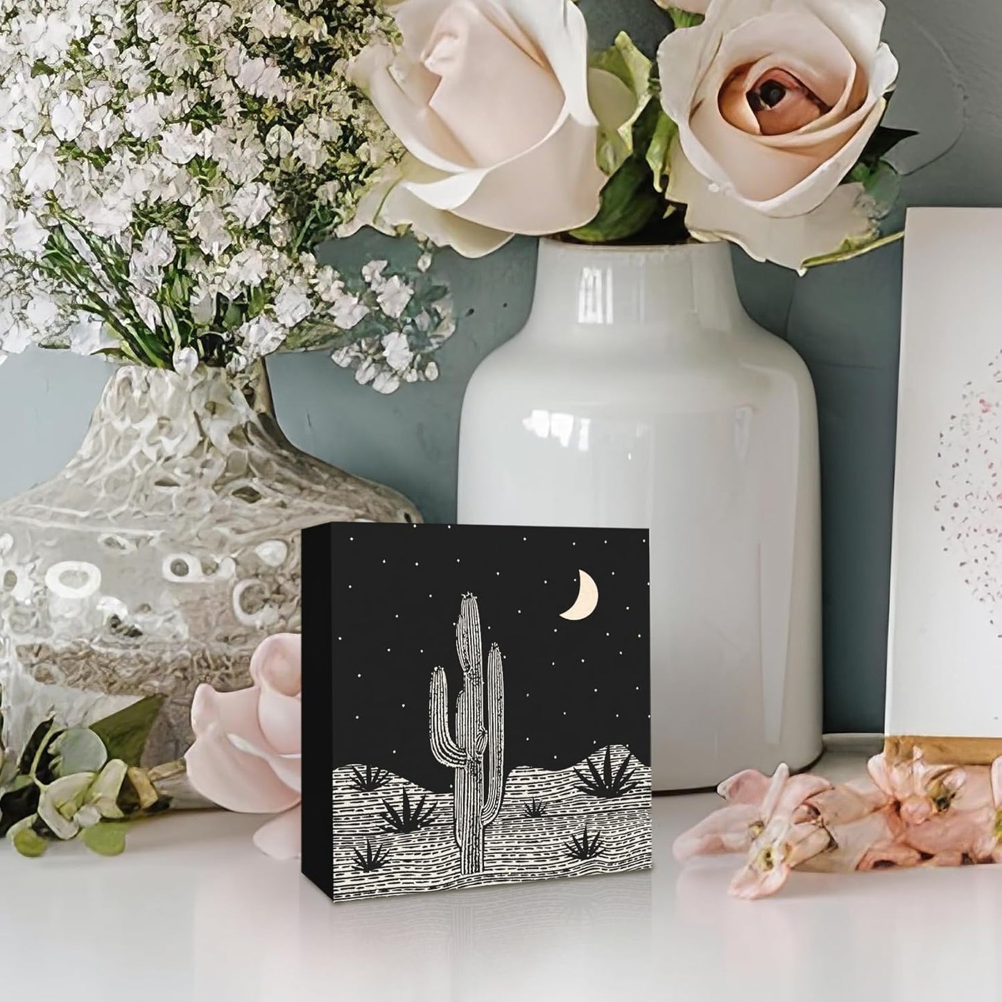 Black Western Cactus Wooden Box Sign Desk Decor, Western Shelf Decor, Farmhouse Desert Decorative Signs for Bedroom Living Room, Mid Century Southwest Home Shelf Desk Decor 5x5 Inch