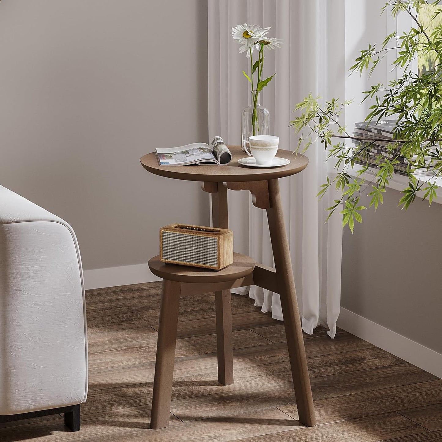 ChooChoo Round End Table for Small Spaces, Narrow Side Table, Accent Table Night Stand with 2 Tier Shelf for Bedroom and Living Room, Walnut