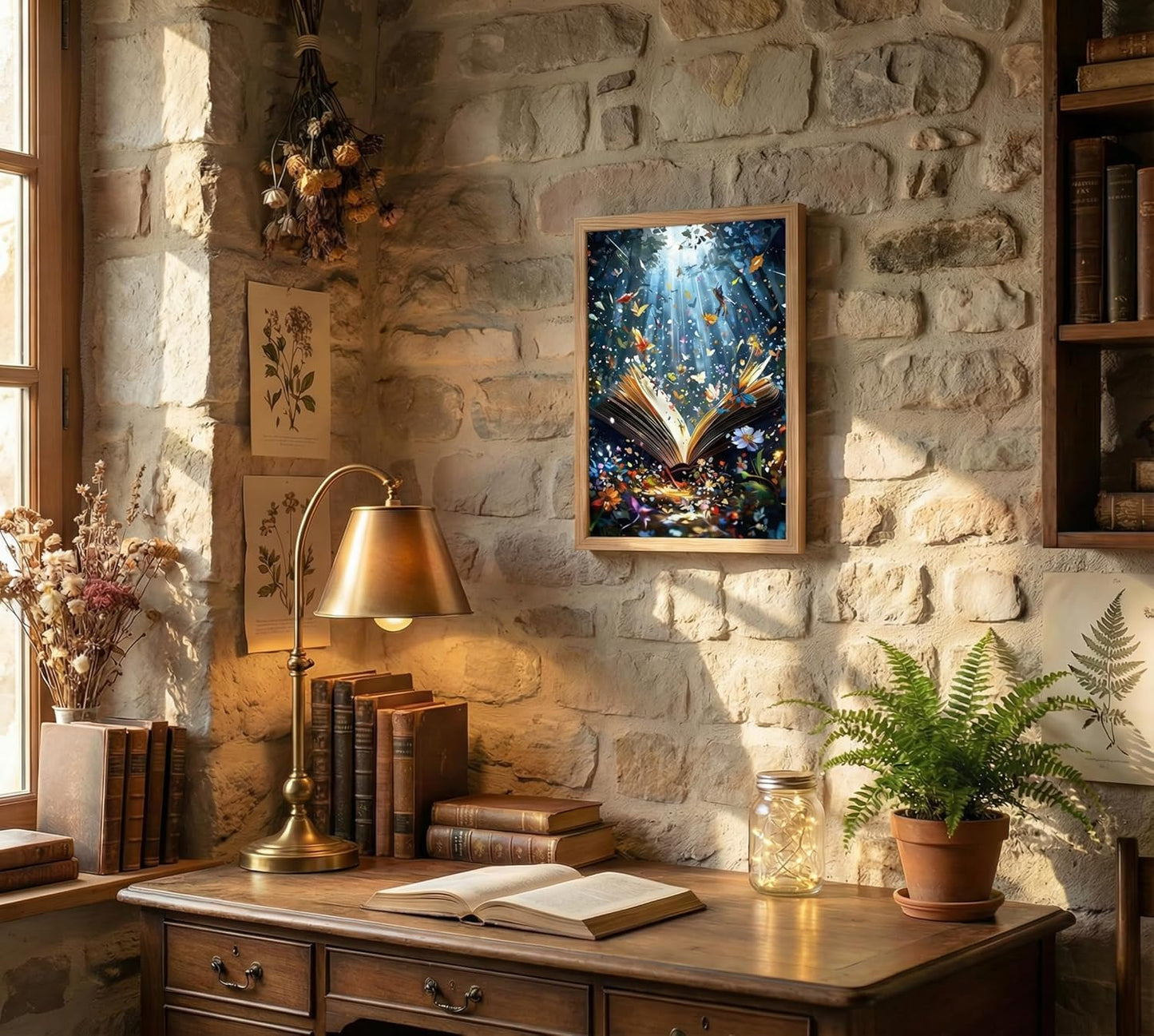 Framed Book Canvas Wall Art Butterfly Emerging From Book Picture Wall Decor Reading Enthusiasts Poster Print Painting for Library Reading Room Bedroom Modern Reading Concept Home Decoration