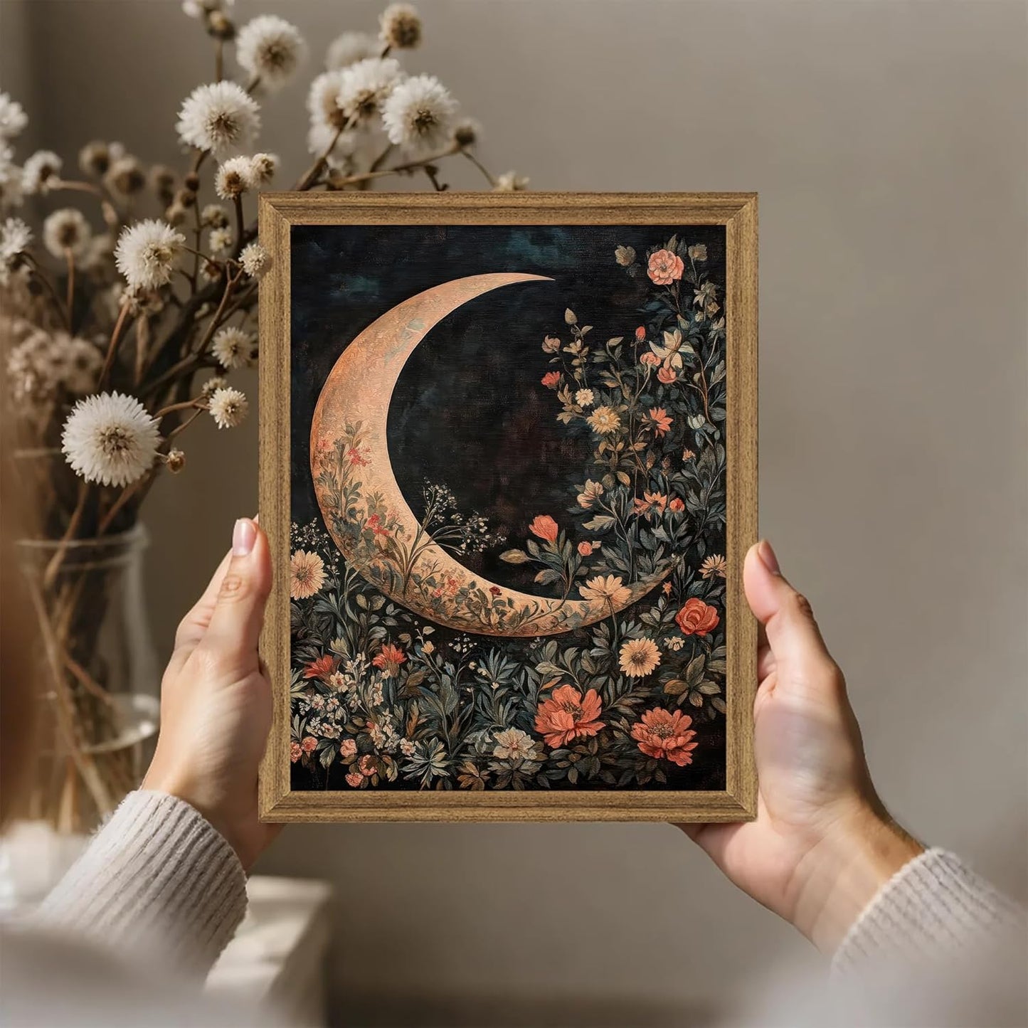 Palette Dreams Wood Framed Crescent Moon Wall Art with Vintage Floral Design, Wall Decor Art Print, Fade Resistant Canvas, Easy to Hang, for Bedroom Living Room Home Office Decor, 12x16 Inches