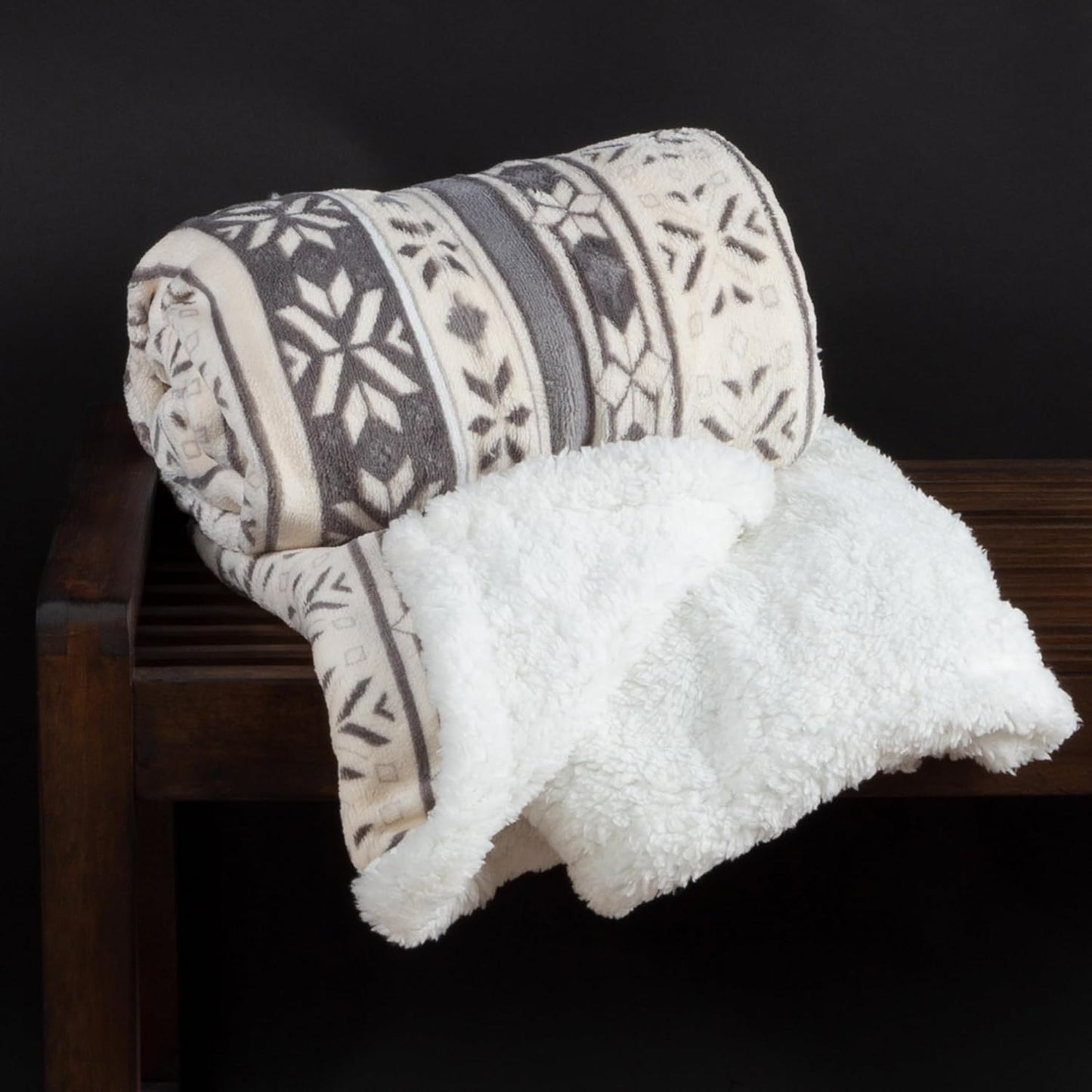 Reversible Fleece Blanket - 50-Inch x 60-Inch Machine-Washable Sherpa Throw with Snowflakes - Cozy Blanket for Couch, Chair, or Bed by Lavish Home