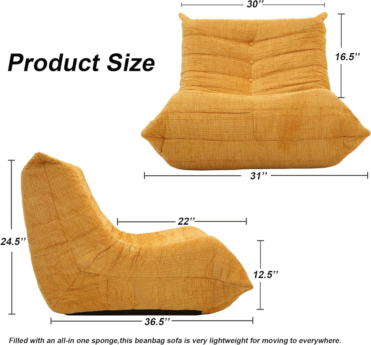 Bean Bag Sofa for Adults,BeanBag Chair with Memory Foam,Modern Fireside Lounge Chairs for Living Room,Bedroom,Office,Yellow