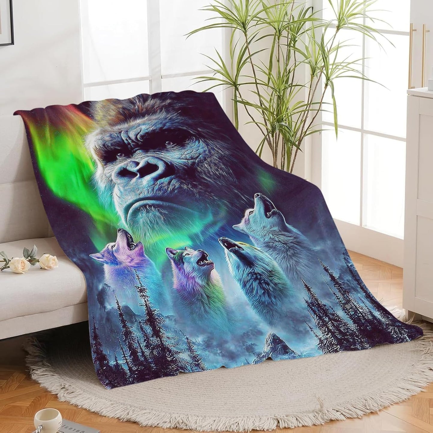 Gorilla Wolf Blanket for Girls Women Boys Men Adults Kids Soft Cozy Fleece Aurora Chimpanzee Foot Throw Blankets Gifts Warm Flannel Plush Lightweight Decor for Couch Bed Sofa 50"X40"