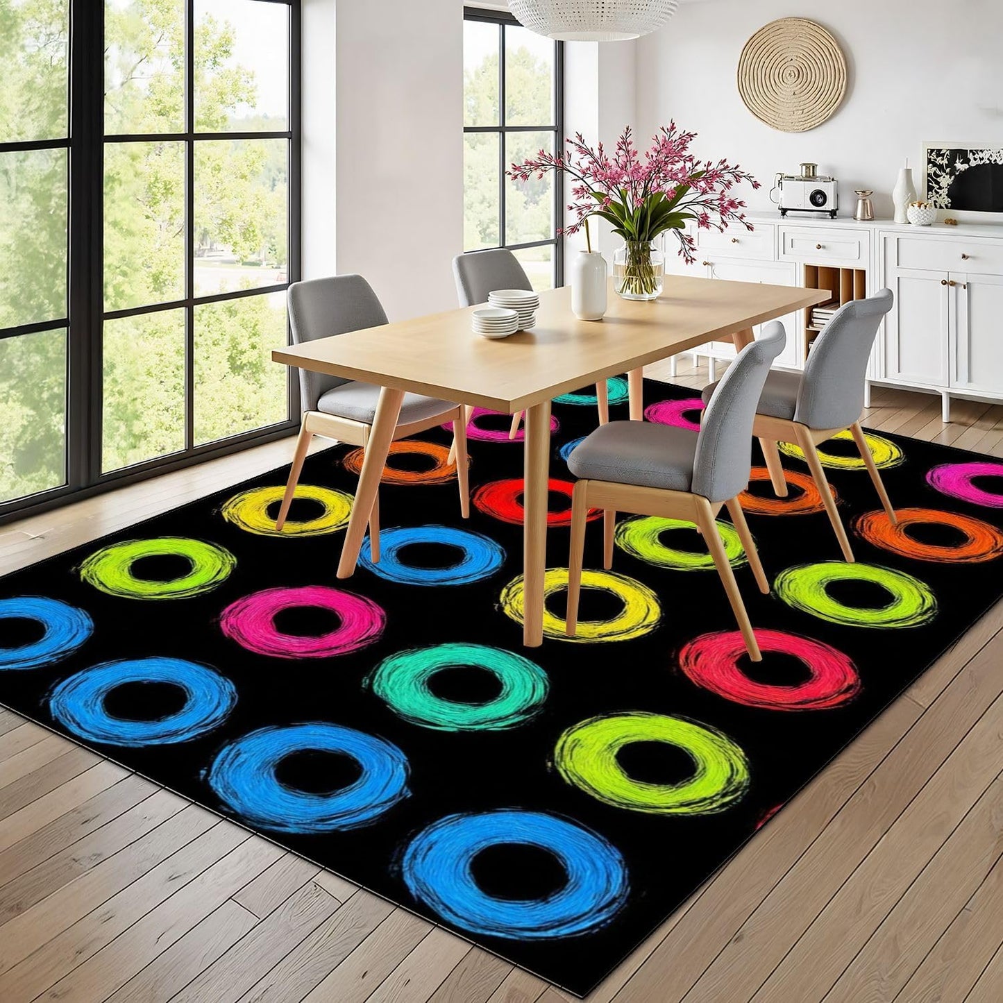 9x12 Area Rugs for Classroom Boho Washable Rug for Playroom Abstract Black Colorful Handpainted Circles Rings Geometric Carpet for Kids Soft Rubber Backed Non-Slip Carpets for School Learning Room