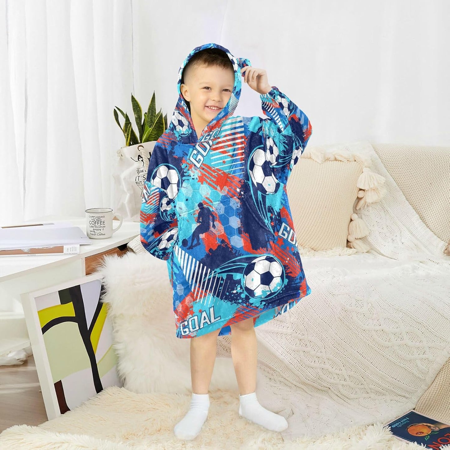 YETTASBIN Soccer Graffiti Wearable Blanket Hoodie for Kids, Oversized Soft Cozy Flannel Sweatshirt Blanket with Pocket