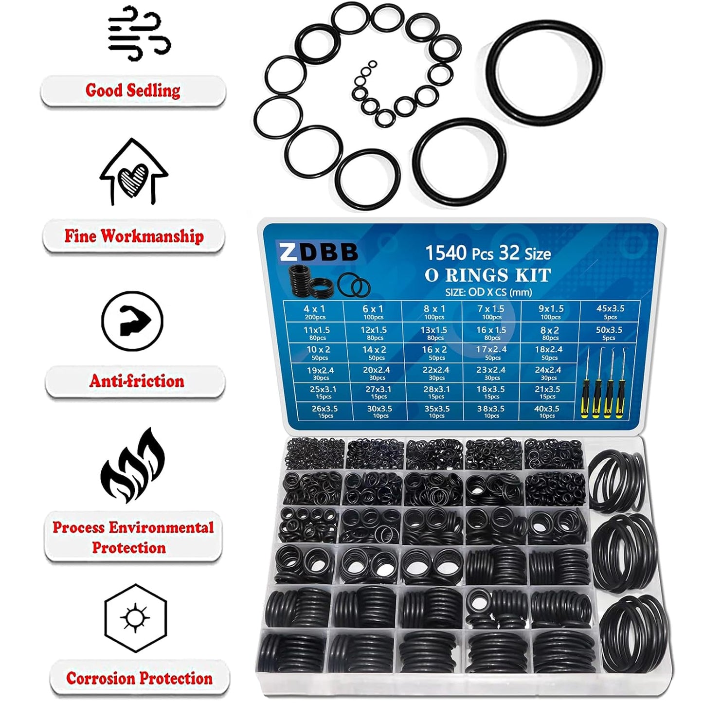 32 Size 1540 Pcs O Rings Assortment Kit Metric Nitrile Rubber Oring Set with 4 Pick for Automotive Faucet Pressure Washer Plumbing Air or Gas Repair OD 4mm-50mm