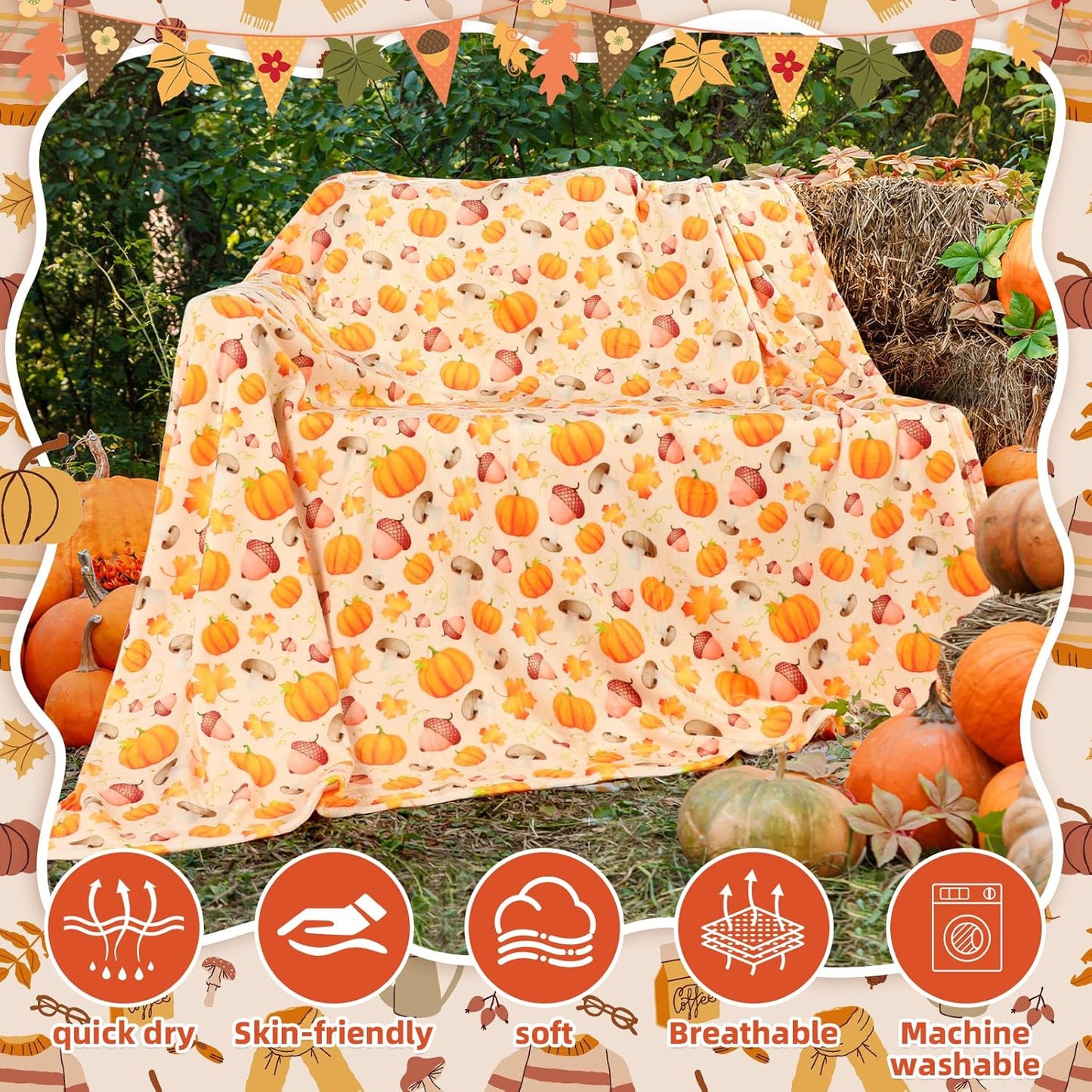 4 Pack Fall Blanket Bulk Pumpkin Throw Blanket Maple Leaf Autumn Harvest Flannel Blankets Warm Lightweight Soft Cozy Thanksgiving Fall Plush Blankets for Couch Sofa Bedroom 51"x59"