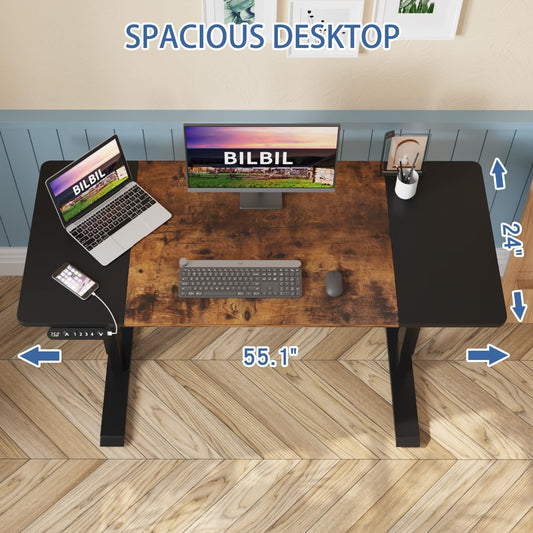 bilbil Height Adjustable Electric Standing Desk, 55 x 24 Inches Sit Stand up for Work Office Home, Ergonomic Rising Computer Table with Memory Preset with Splice Desktop (Rustic Brown, Black)