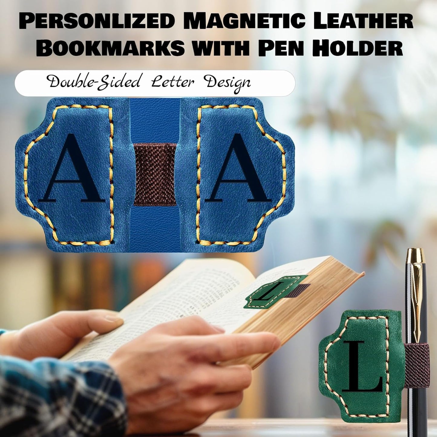 Personlized Magnetic Leather Bookmarks with Pen Holder, Customized Book Marks Clip 26 Letters Bookmark for Reading Women, Men, Cute Initials Book Markers for Book Lovers (Red, A)