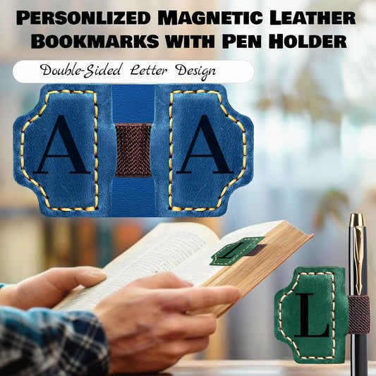 Personlized Magnetic Leather Bookmarks with Pen Holder, Customized Book Marks Clip 26 Letters Bookmark for Reading Women, Men, Cute Initials Book Markers for Book Lovers (Red, A)