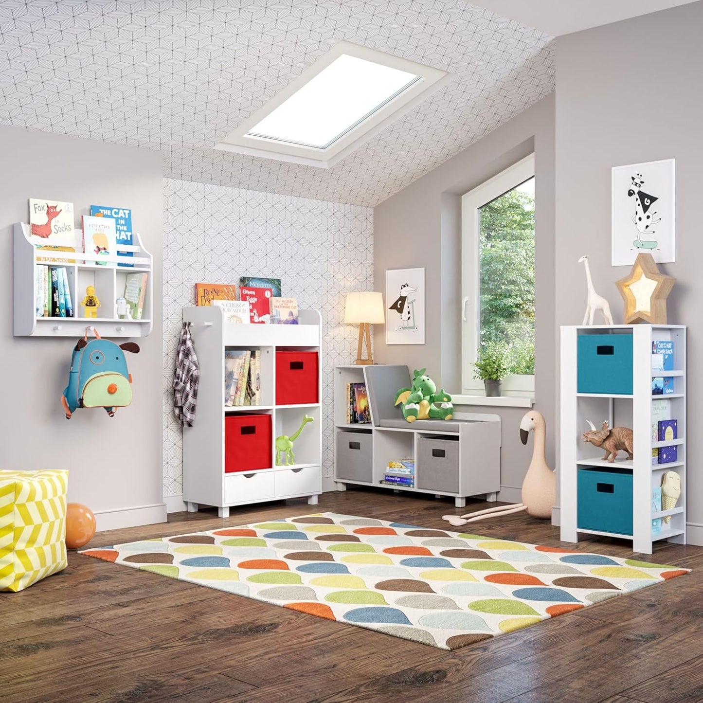 RiverRidge Kids Reading Nook and White Cubby Storage Bench with Comfy Cushioned Seat and Cubbies Toy Organizer, White