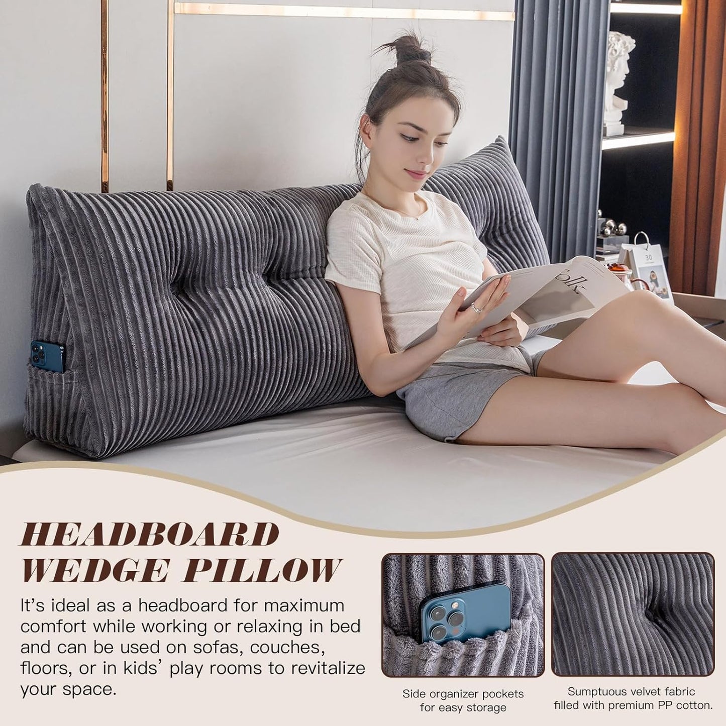 Large Triangular Headboard Wedge Bed Rest Reading Pillow Backrest Positioning Support Bolster Cushion with Removable Cover (Grey, CA King: 71x8x20 Inches)