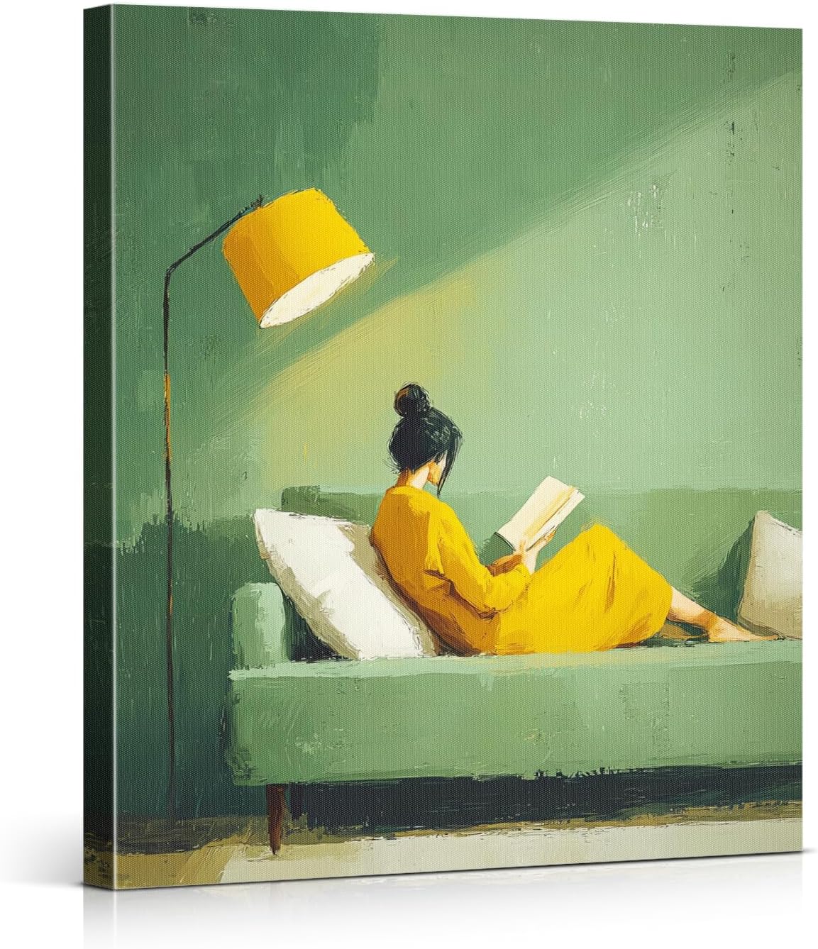 Vintage Woman Reading Green Wall Art Print - Green Bookish Woman Canvas Poster Painting - Book Lover Gifts Wall Decor for Home Reading Nook 8x10 Inch Framed