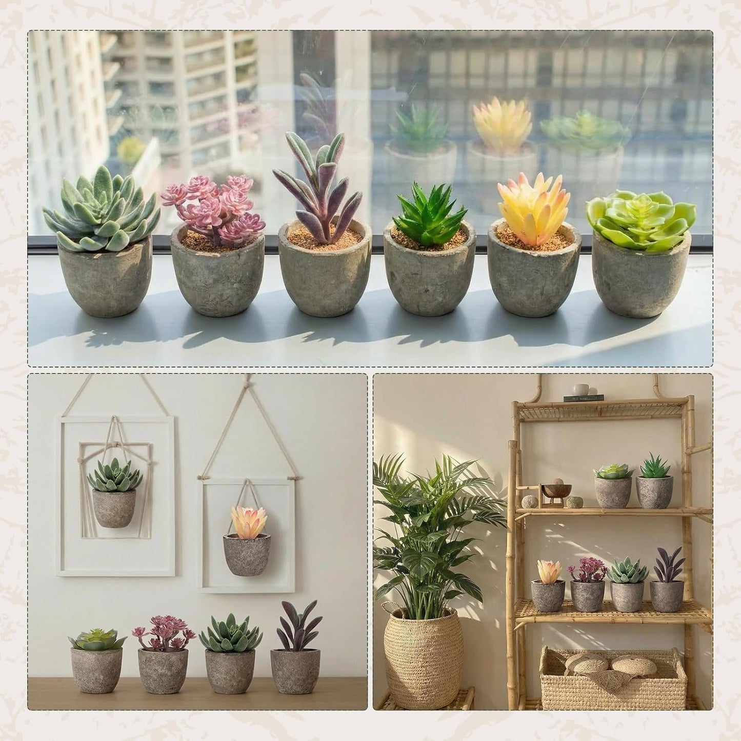 Set of 6 Artificial Succulents Potted - Realistic Mini Fake Cactus Plants in Paper Pulp Pots, 2-4'' Mixed Sizes for Farmhouse Shelf, Bathroom, Coatrack Shelf, Bedroom Indoor(Classic Style)
