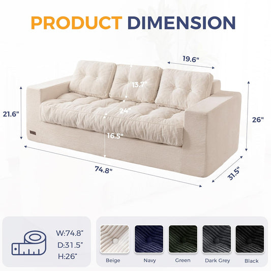 MAXYOYO 3-Seater Boneless Sofa Couch, Tufted Corded Sofa Lounge for Living Room, Comfy Bean Bag Chair High-Density Foam Couch with Pillows, No Assembly Required