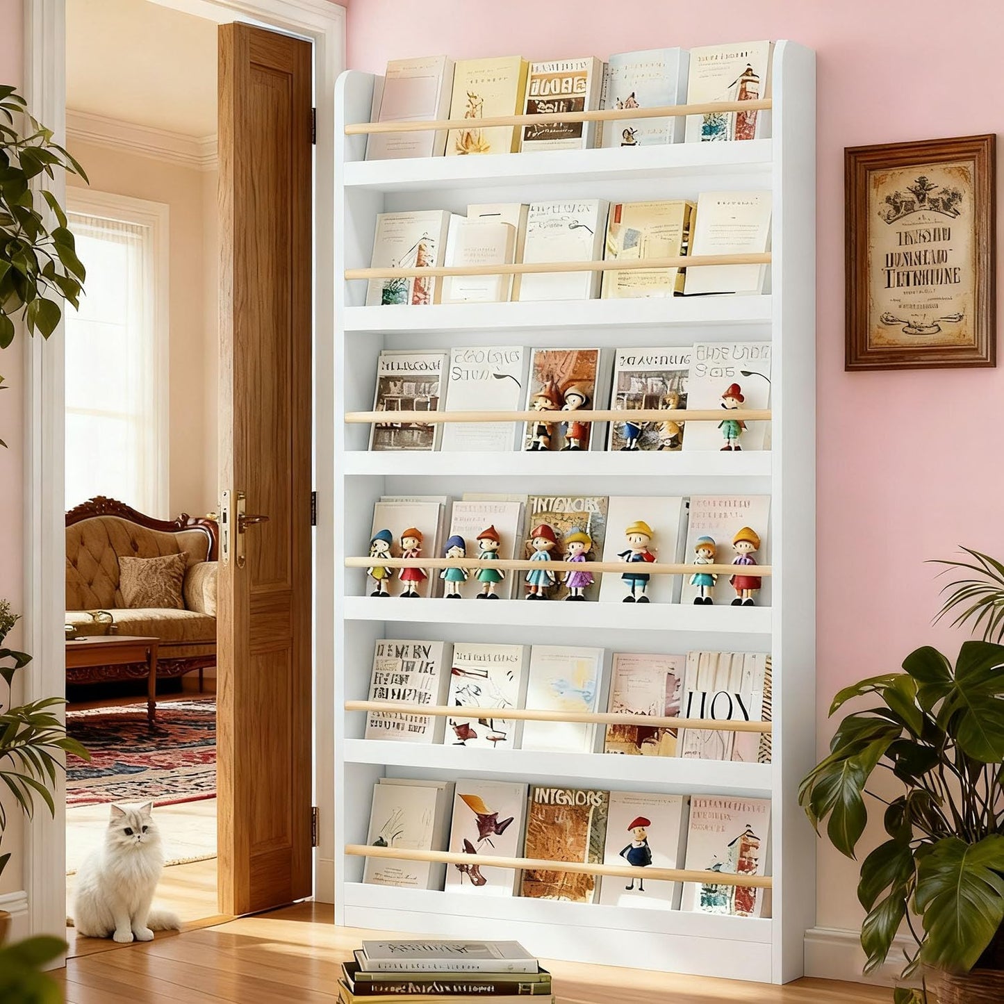 Behind The Door Bookshelf 6-Tier Wooden Behind The Door Storage Cabinet Wall Mount Shelf Easy to Install for Bedroom Kid Room Living Room Library（White）